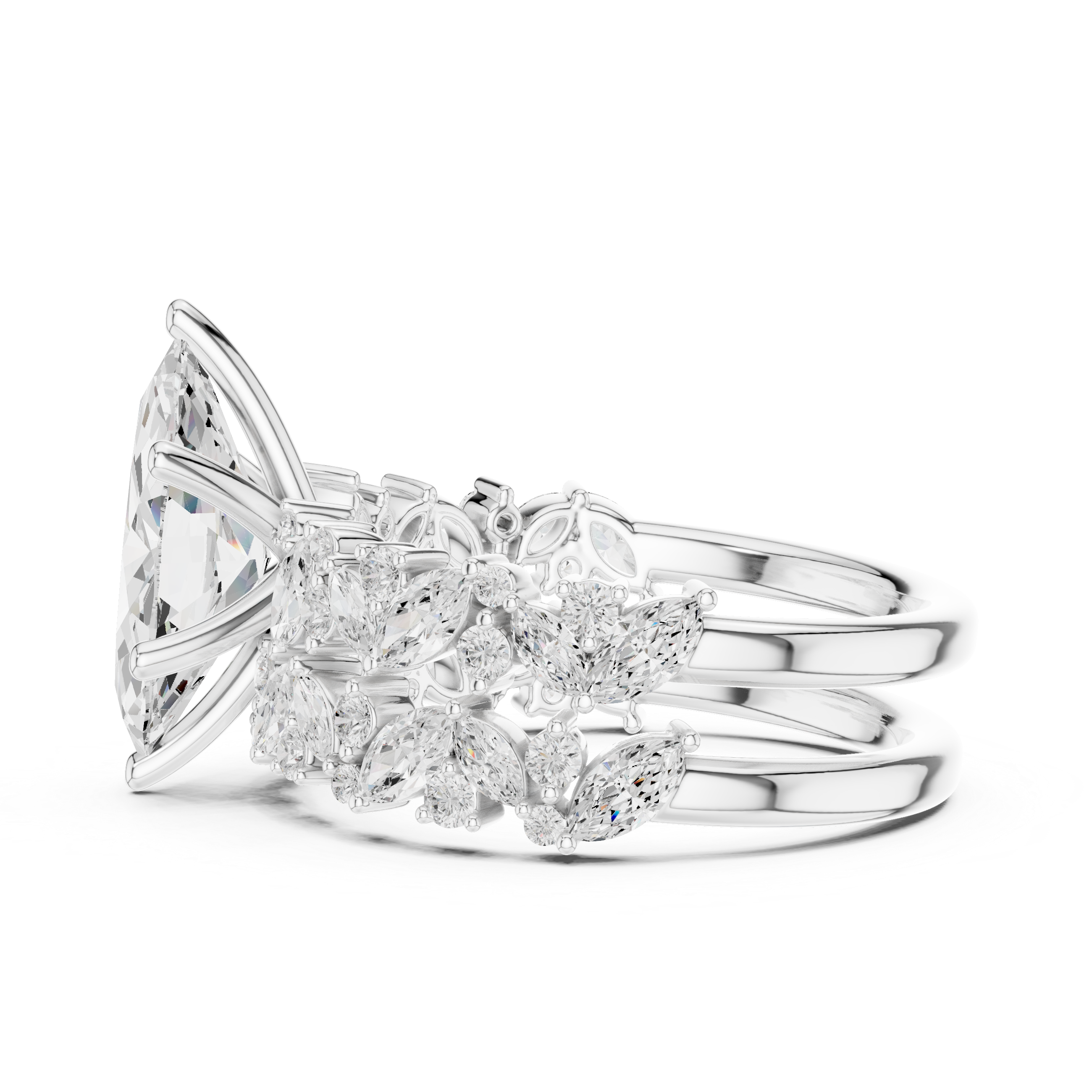 Marquise Cut Diamond Bridal Ring Set with Floral Accent Wedding Bands