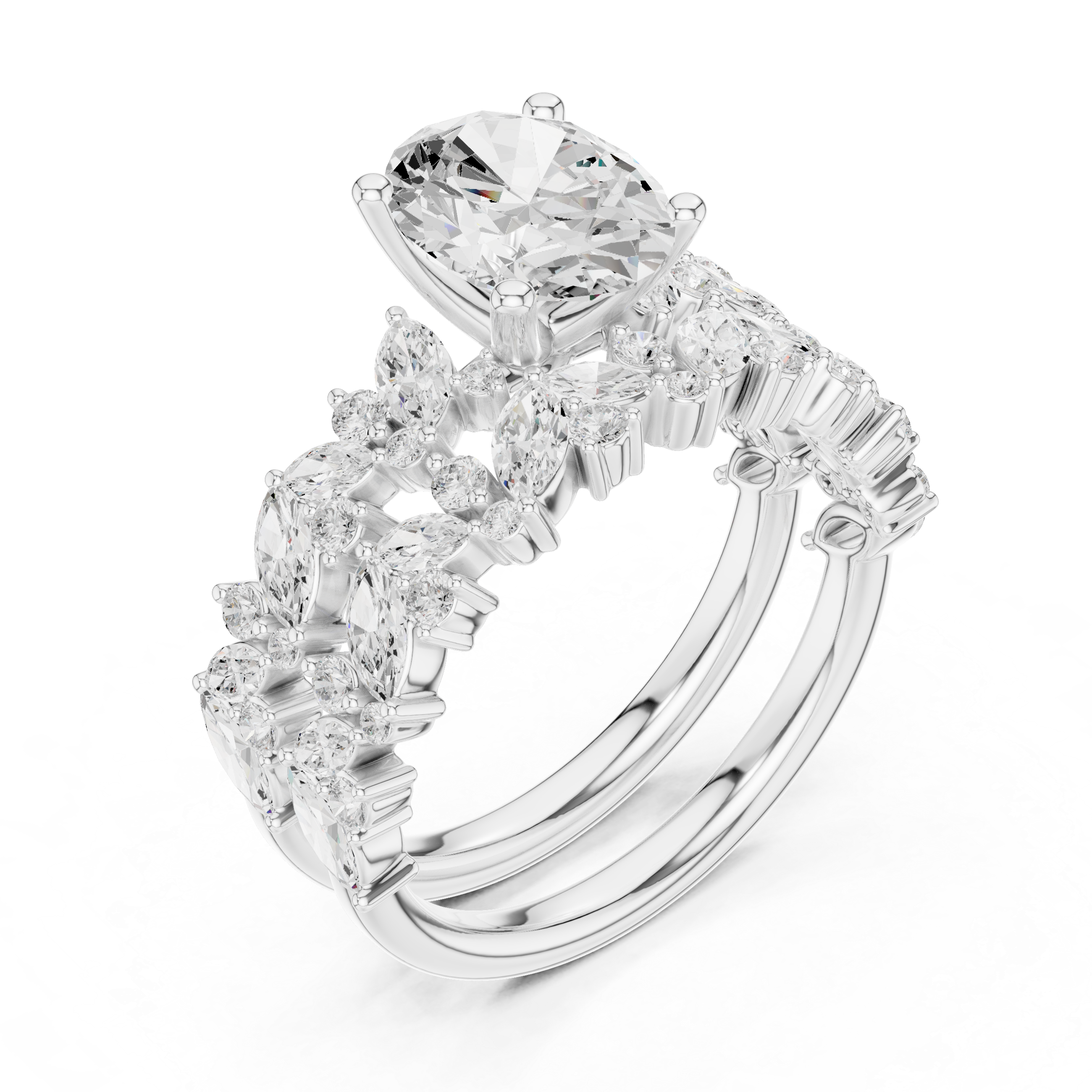 Oval Cut Diamond Bridal Ring Set with Marquise Accent Wedding Bands