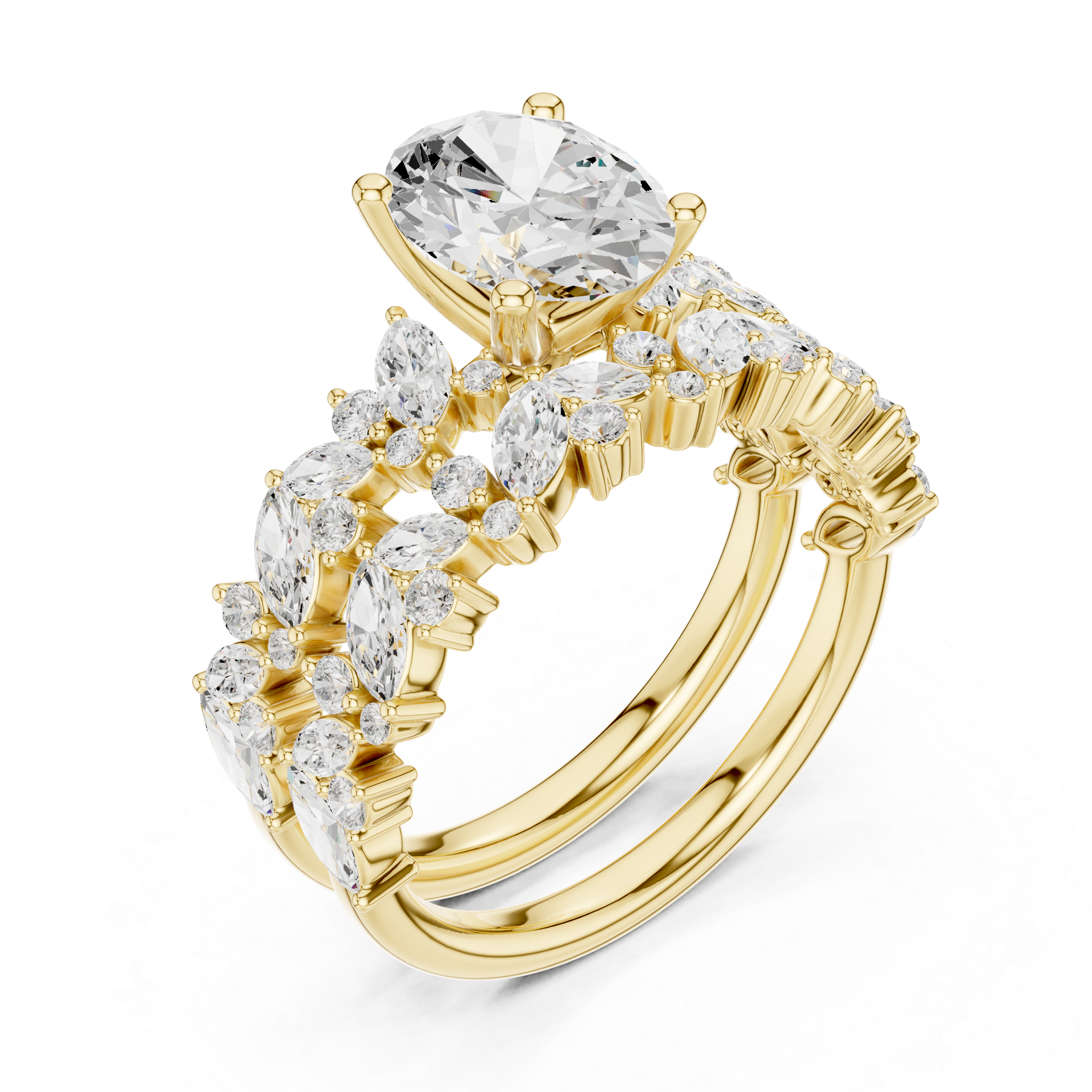Oval Cut Diamond Bridal Ring Set with Marquise Accent Wedding Bands
