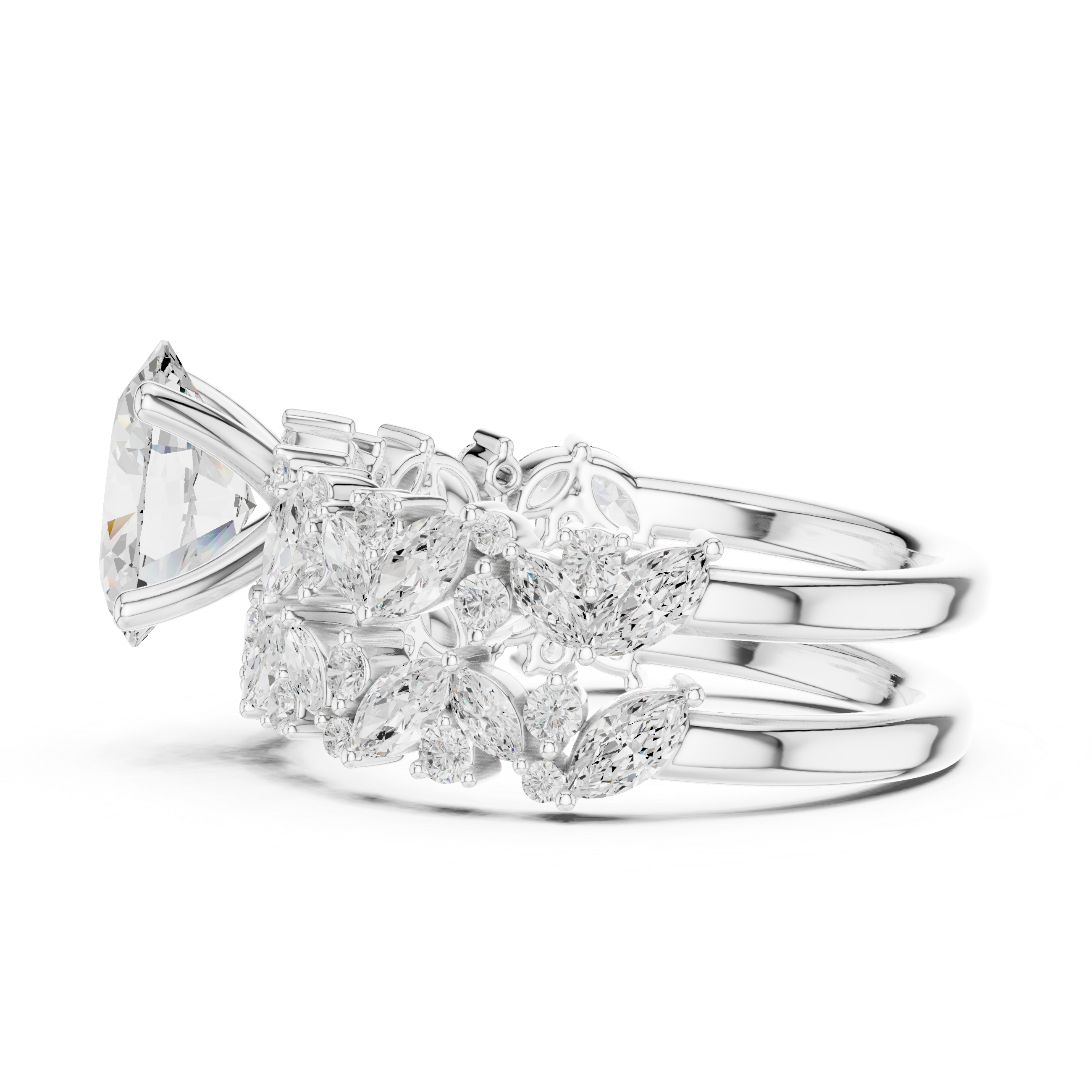 Oval Cut Diamond Bridal Ring Set with Marquise Accent Wedding Bands