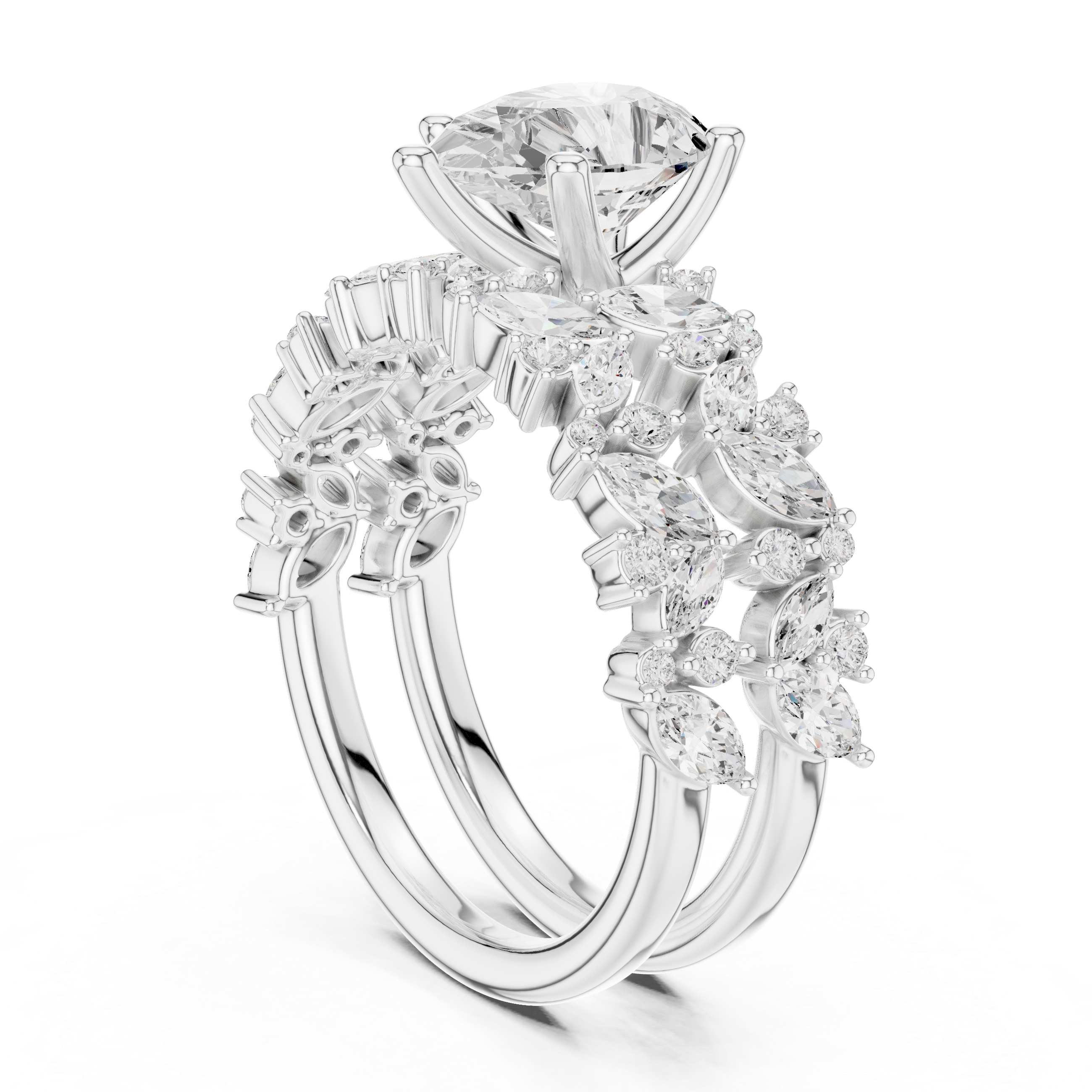 Pear Cut Diamond Bridal Ring Set with Marquise Accent Wedding Bands