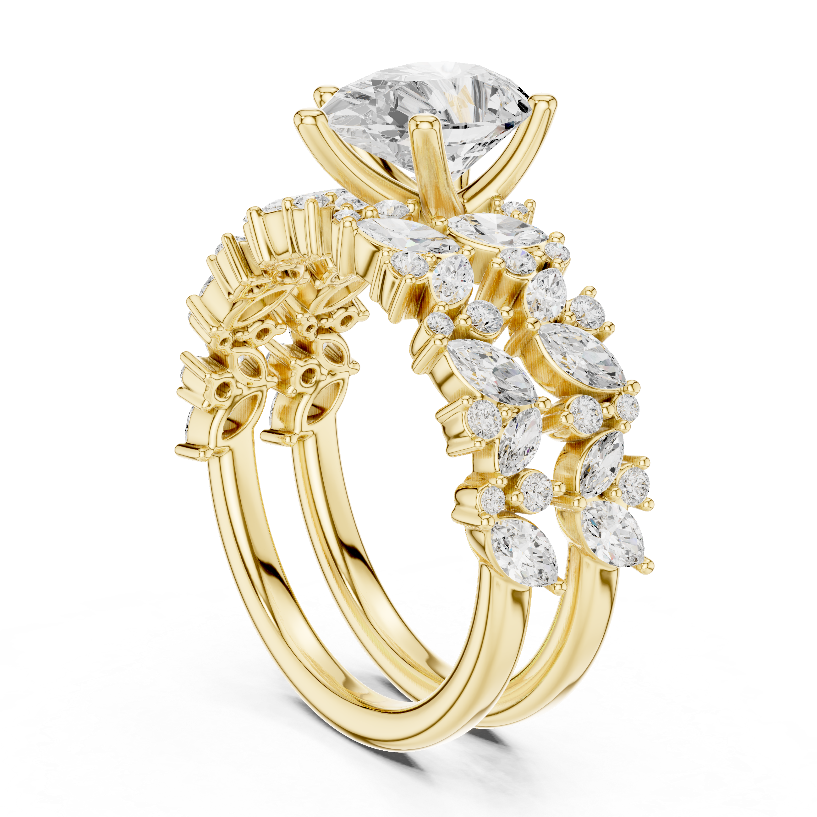 Pear Cut Diamond Bridal Ring Set with Marquise Accent Wedding Bands