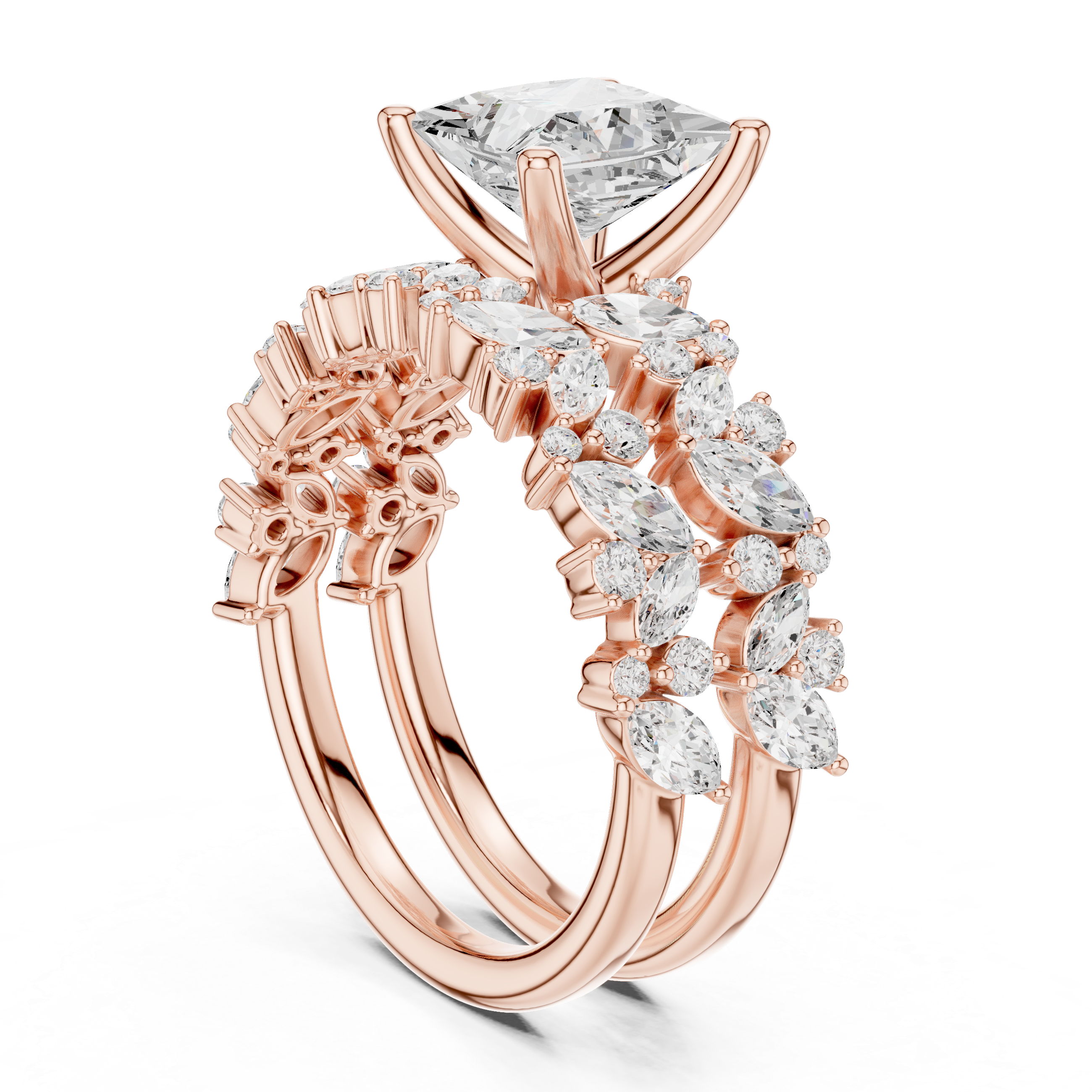 Princess Cut Diamond Bridal Ring Set with Marquise Accent Wedding Bands