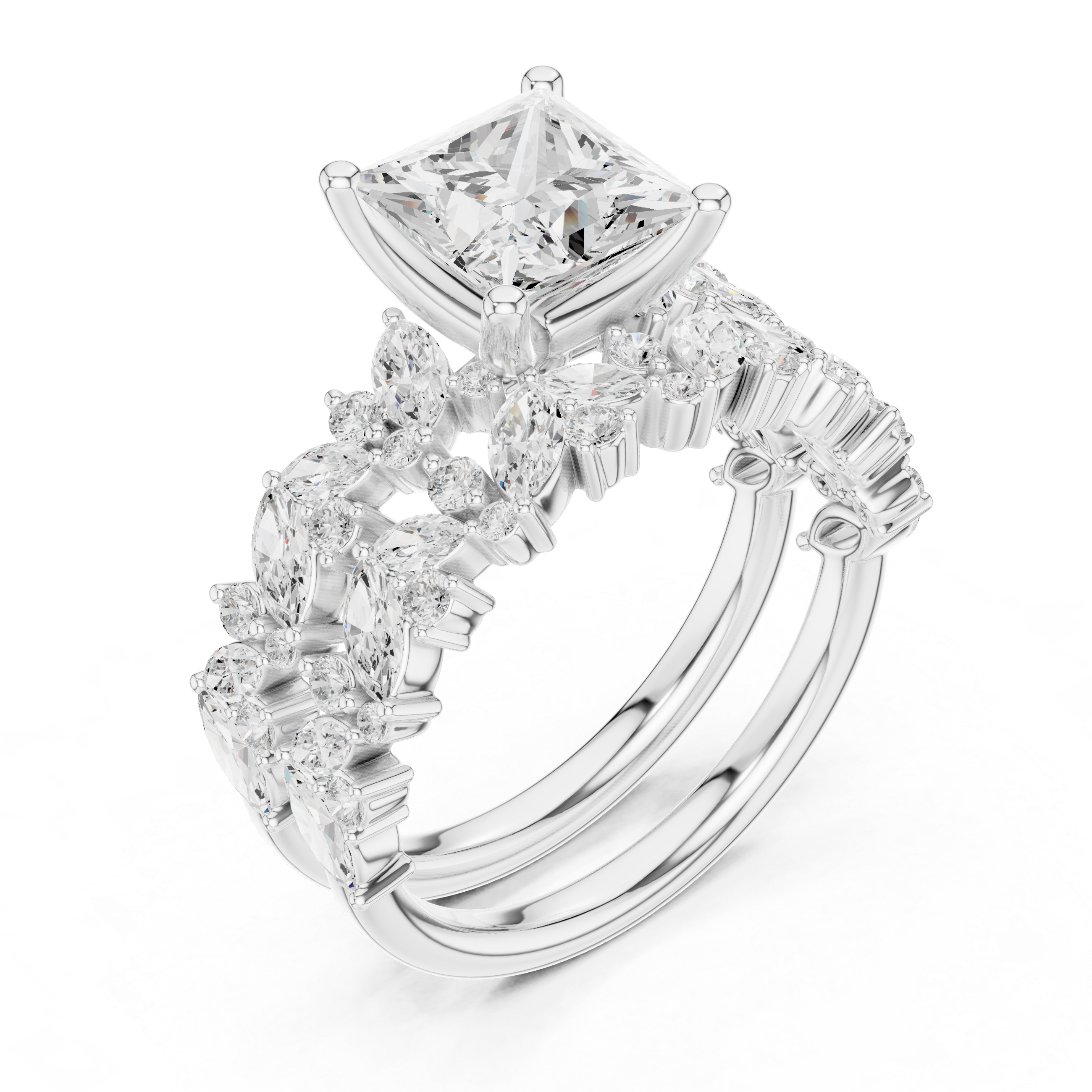 Princess Cut Diamond Bridal Ring Set with Marquise Accent Wedding Bands