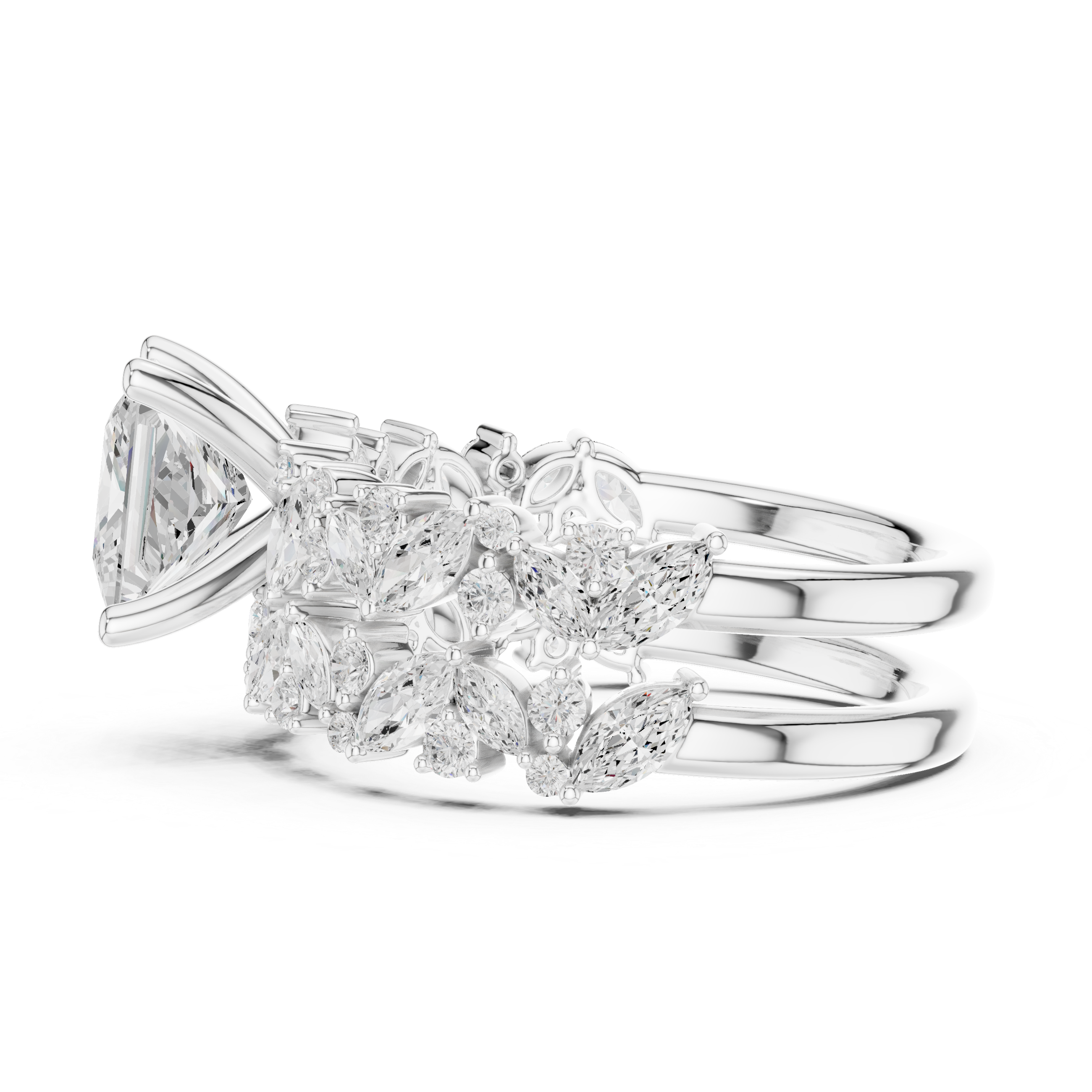 Princess Cut Diamond Bridal Ring Set with Marquise Accent Wedding Bands