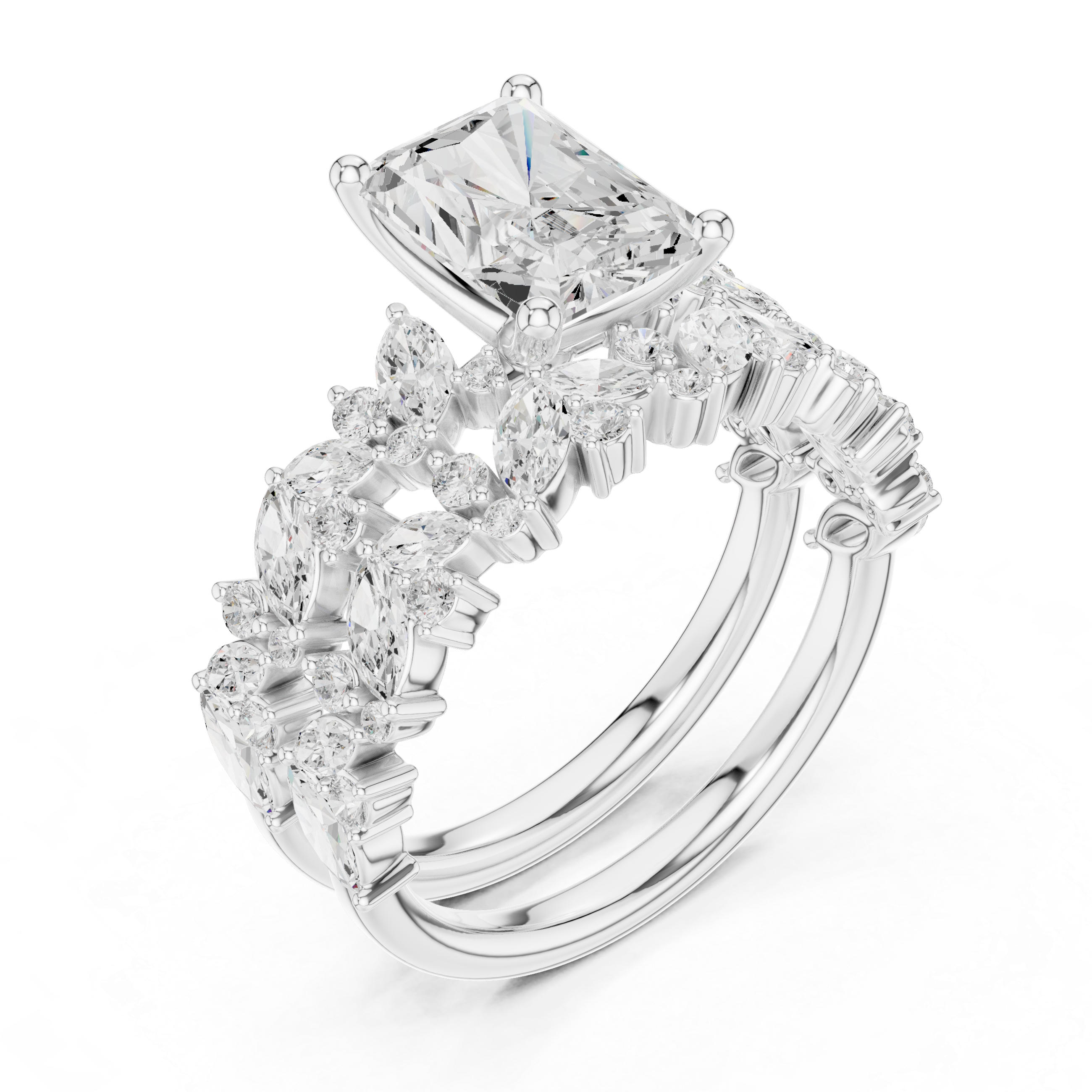 Radiant Cut Diamond Bridal Ring Set with Marquise Diamond Wedding Bands