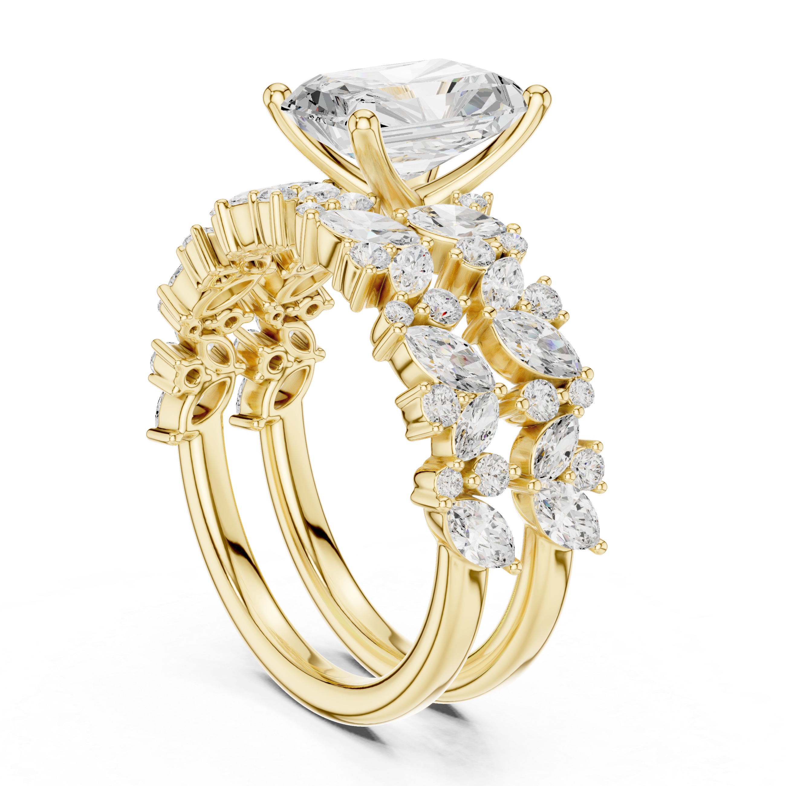 Radiant Cut Diamond Bridal Ring Set with Marquise Diamond Wedding Bands