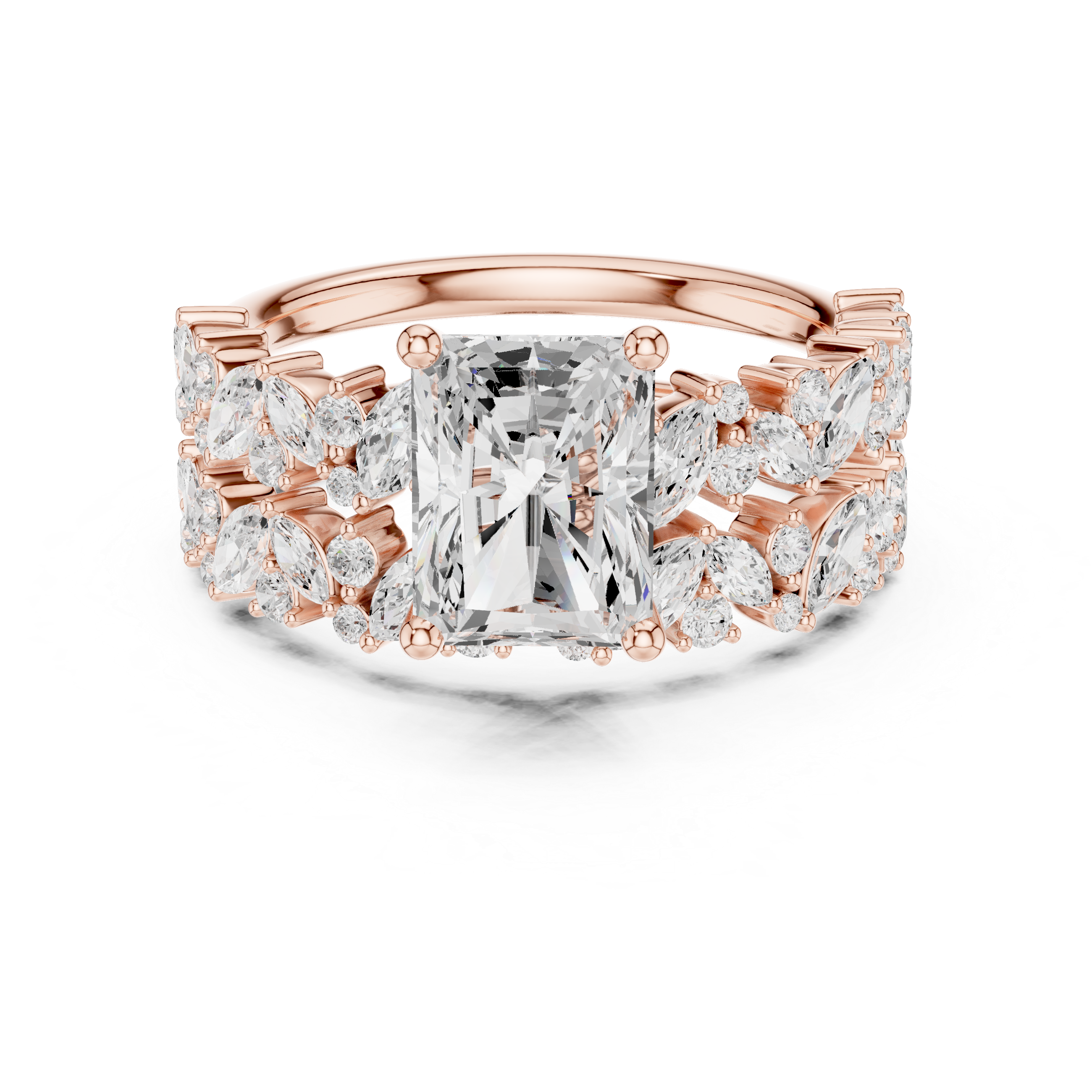 Radiant Cut Diamond Bridal Ring Set with Marquise Diamond Wedding Bands