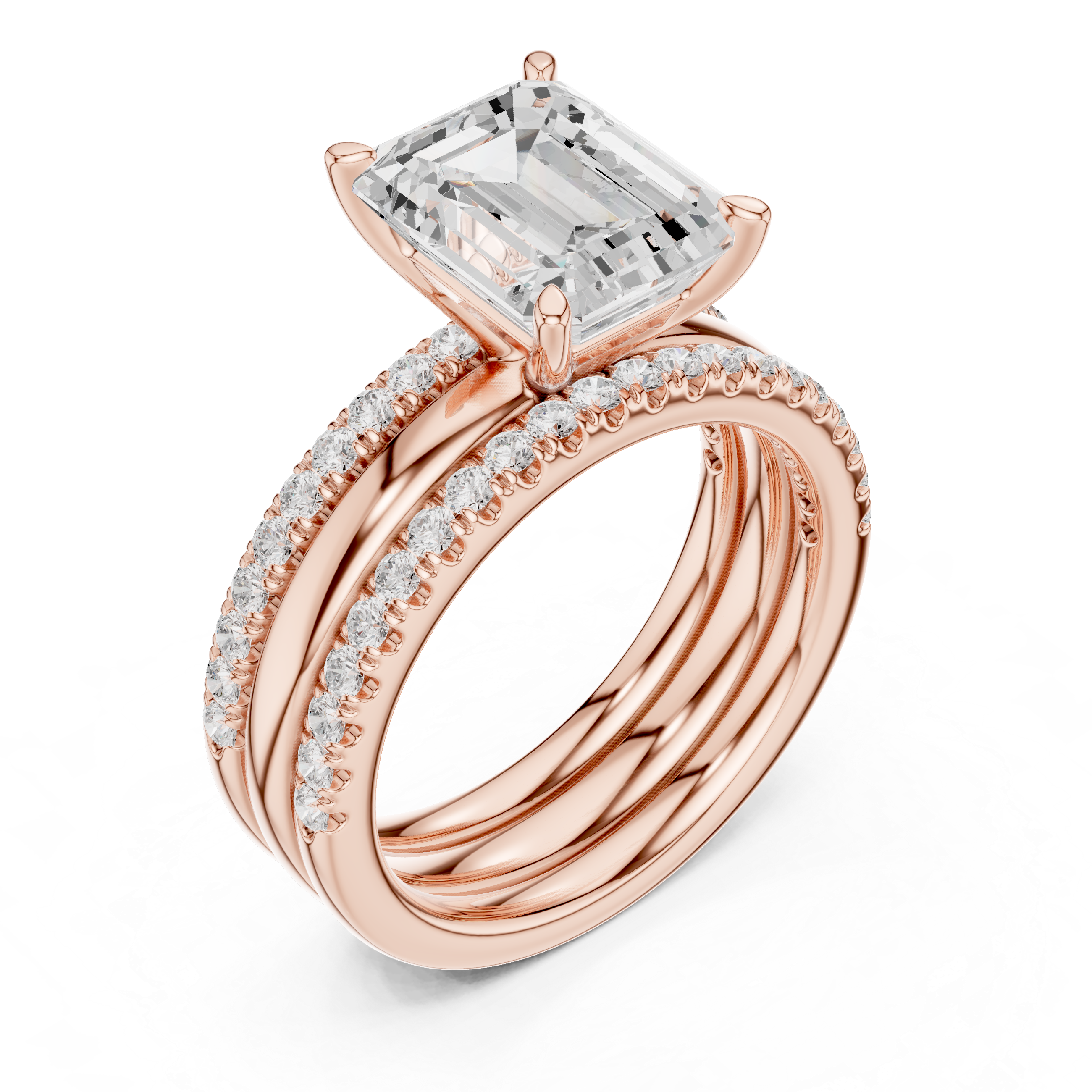 Emerald Cut Diamond Bridal Ring Set with Double Pavé Bands