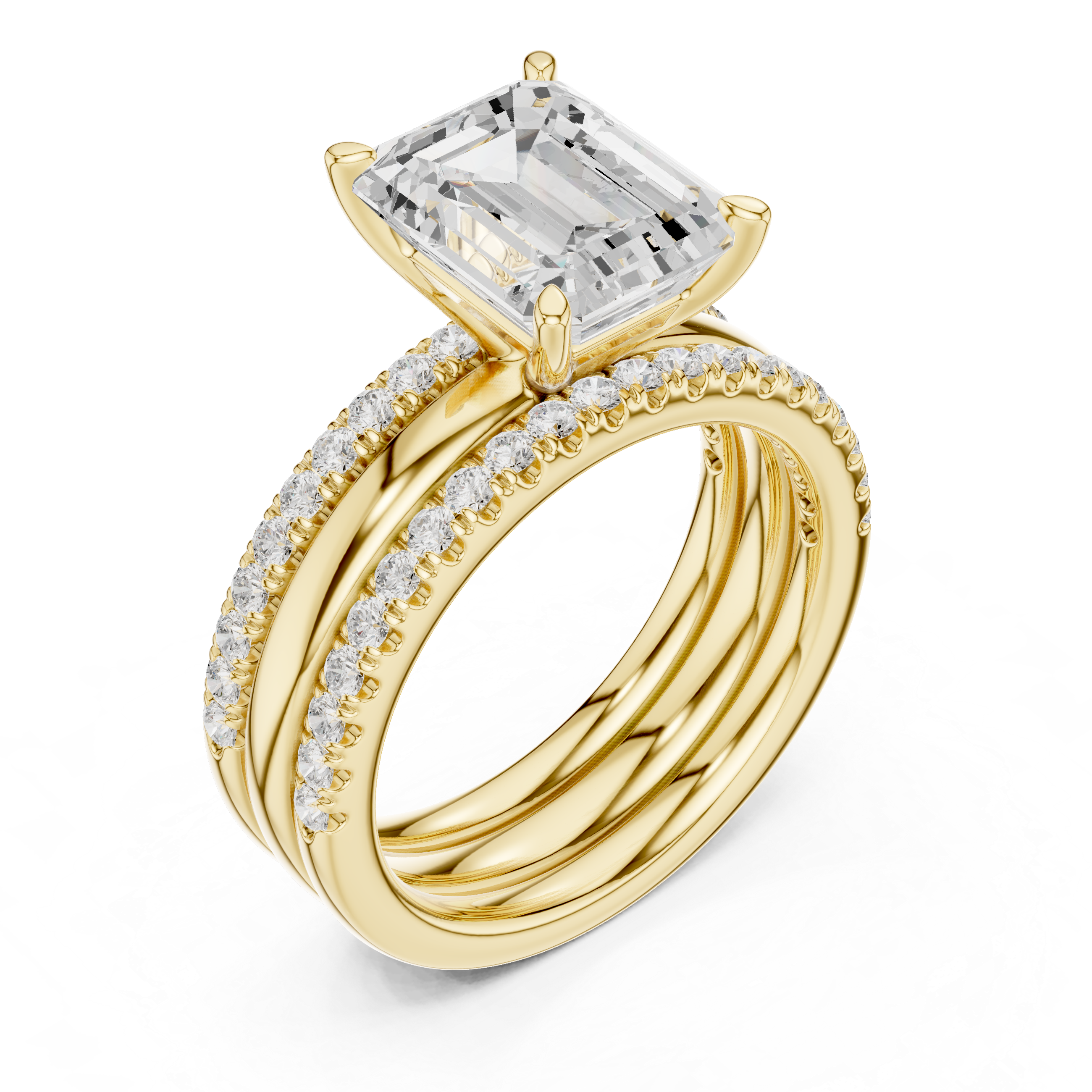Emerald Cut Diamond Bridal Ring Set with Double Pavé Bands