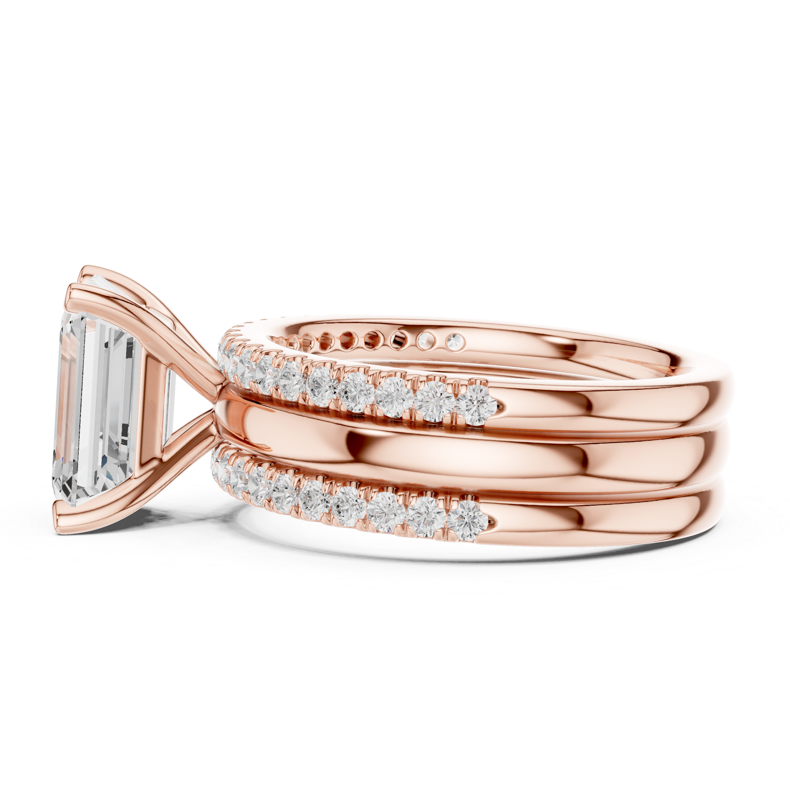 Emerald Cut Diamond Bridal Ring Set with Double Pavé Bands