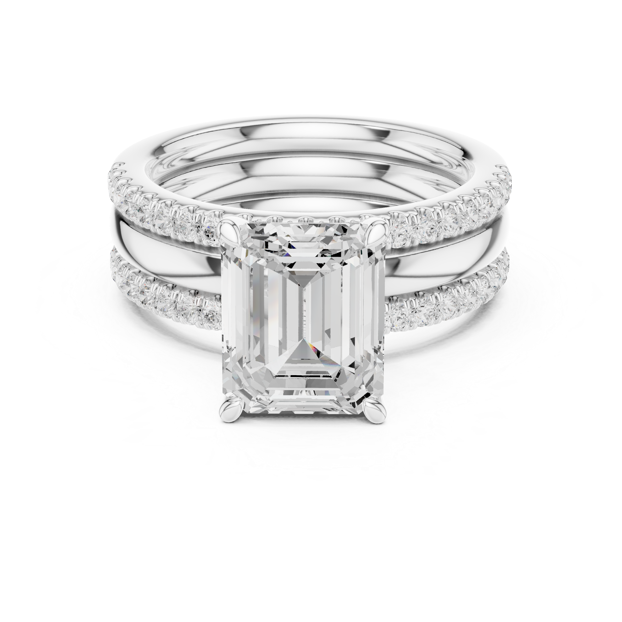 Emerald Cut Diamond Bridal Ring Set with Double Pavé Bands