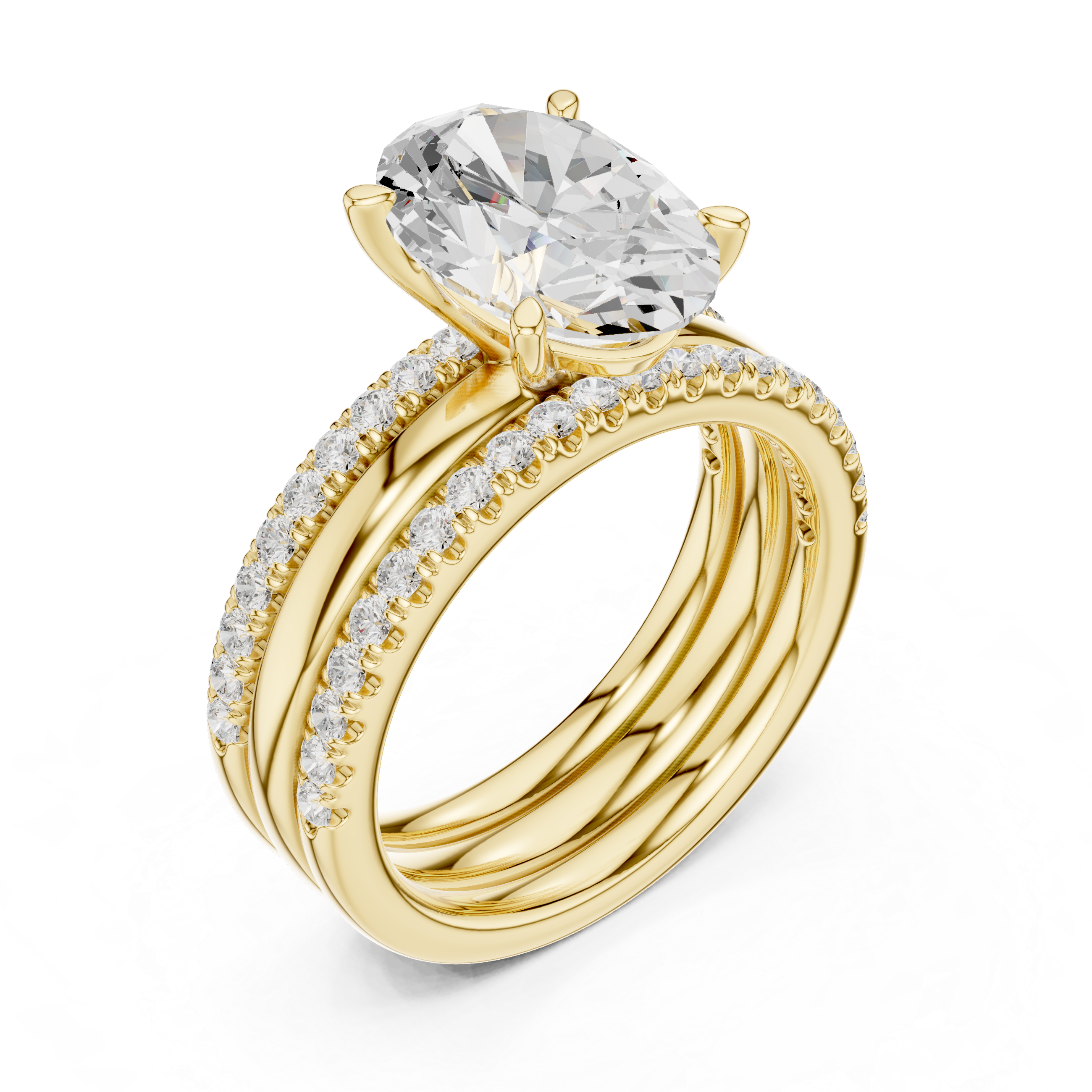 Oval Cut Diamond Bridal Ring Set with Double Pavé Bands