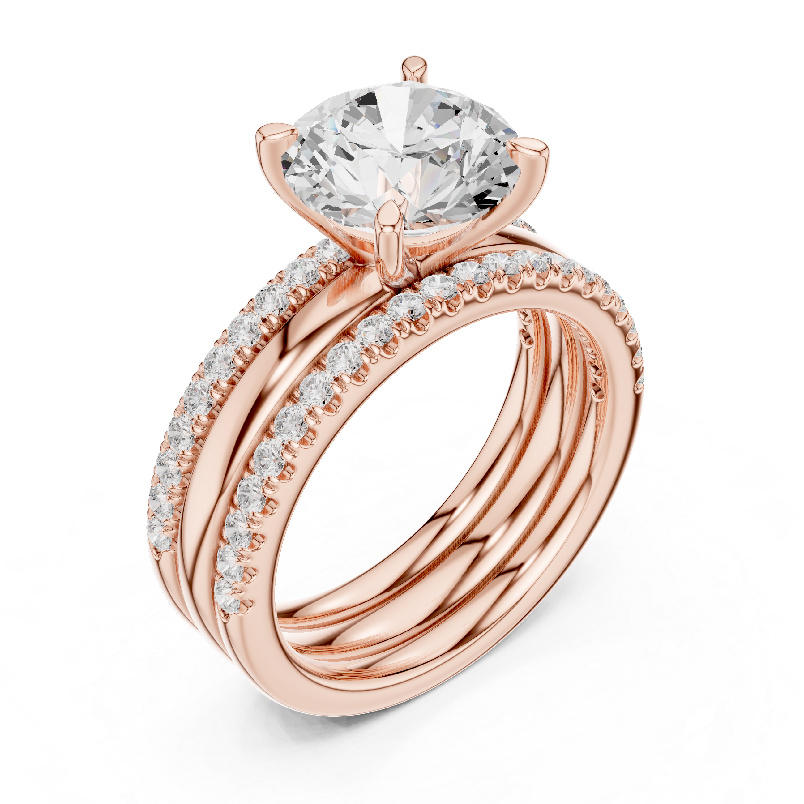 Round Brilliant Diamond Bridal Ring Set with Double Pavé Bands