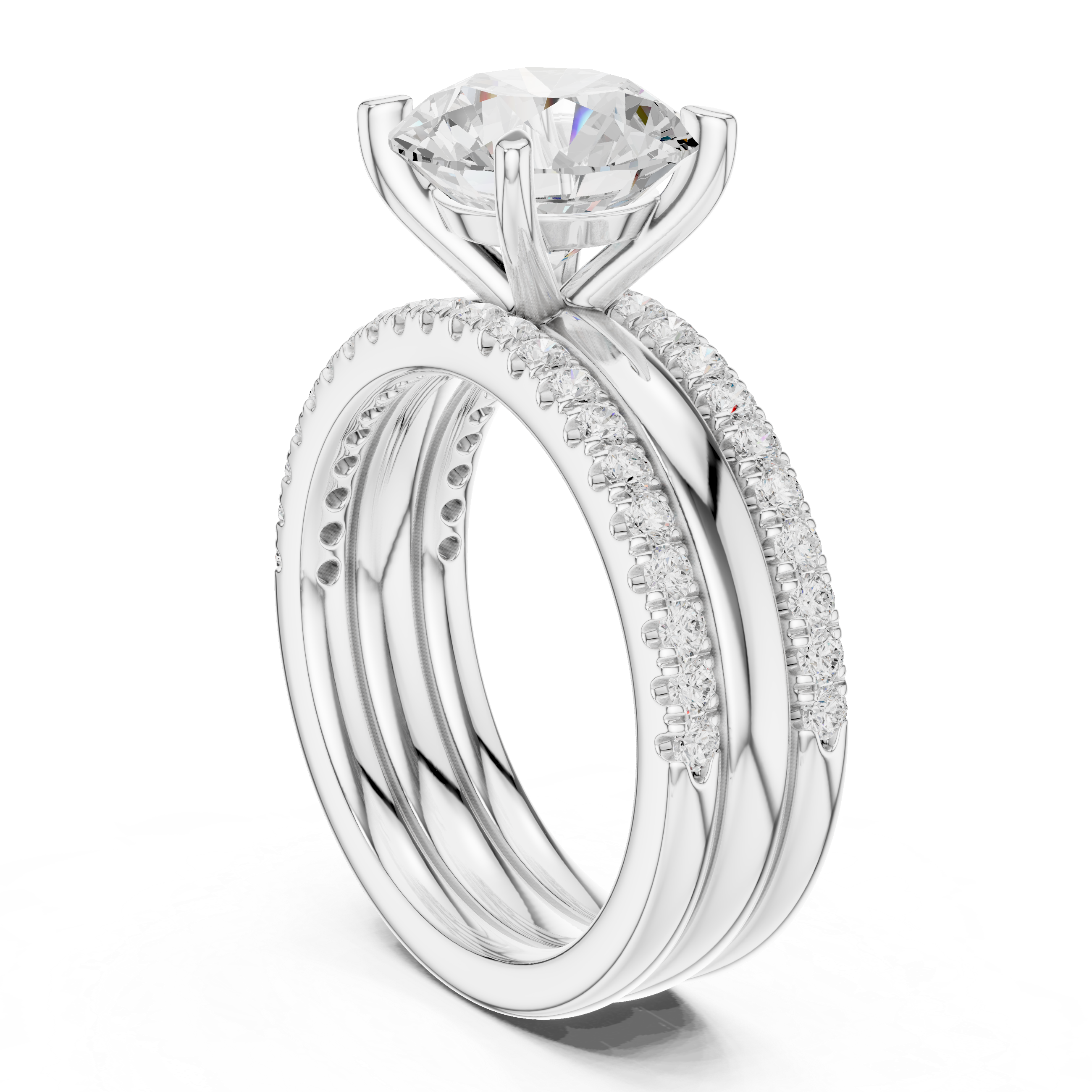 Round Brilliant Diamond Bridal Ring Set with Double Pavé Bands