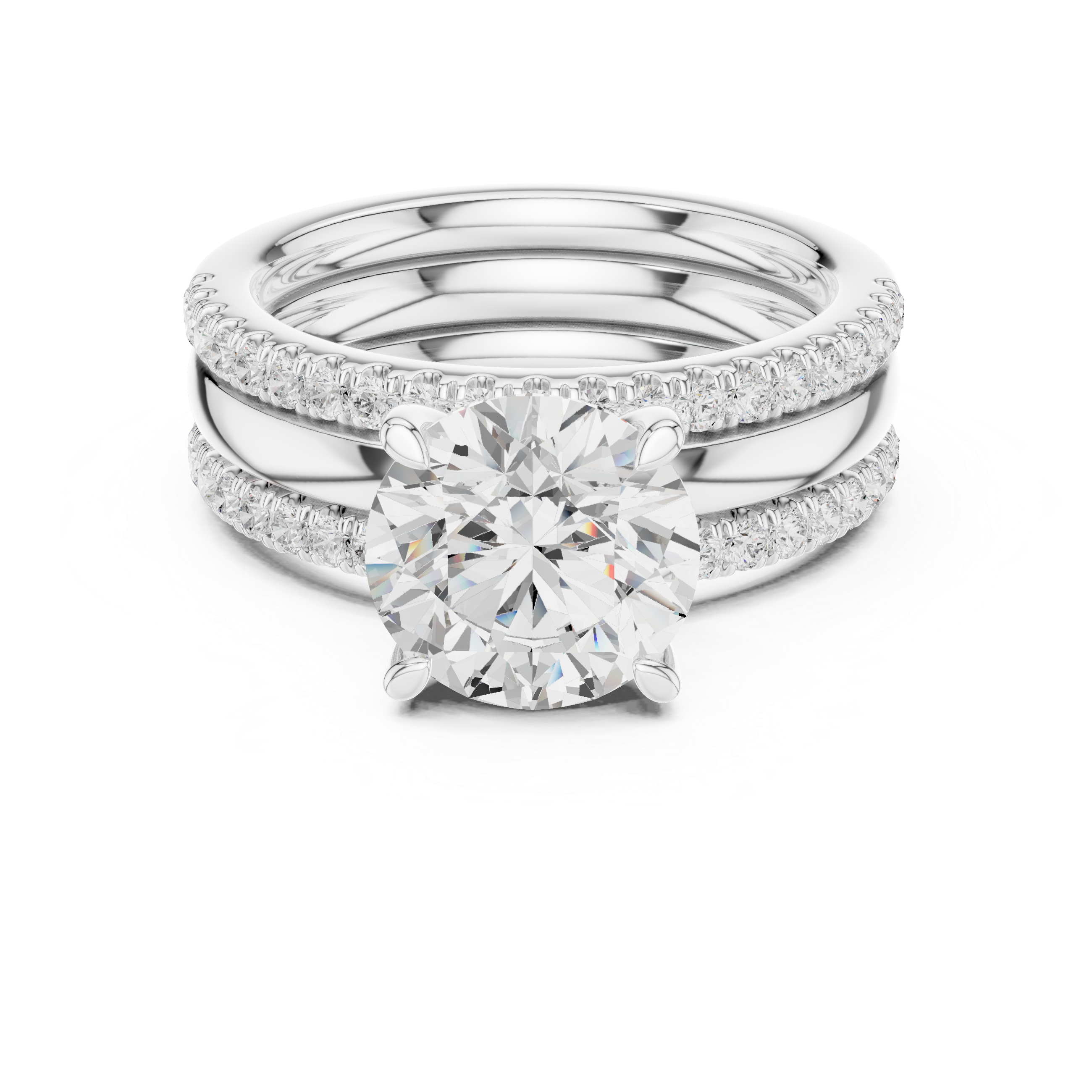 Round Brilliant Diamond Bridal Ring Set with Double Pavé Wedding Bands