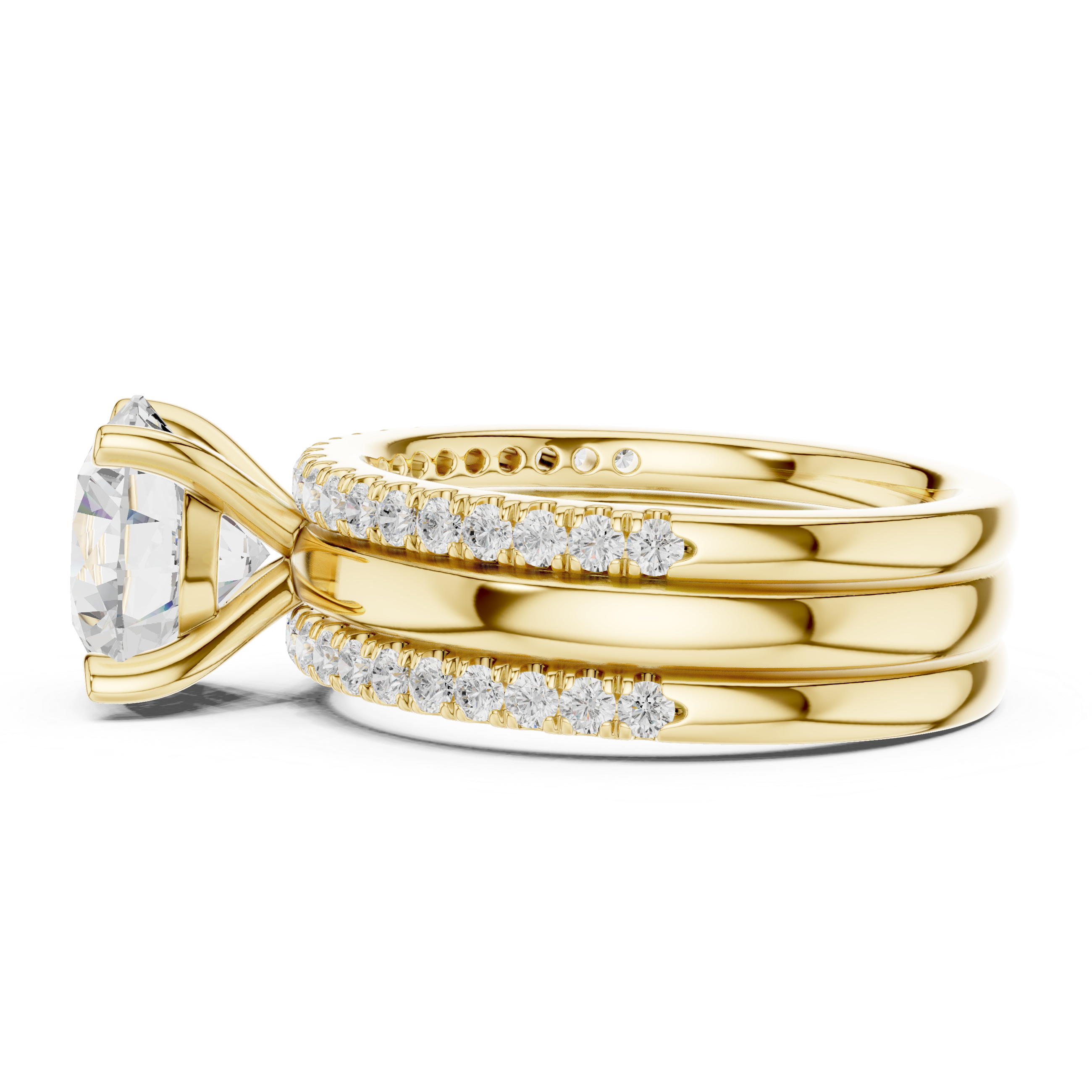 Round Brilliant Diamond Bridal Ring Set with Double Pavé Wedding Bands