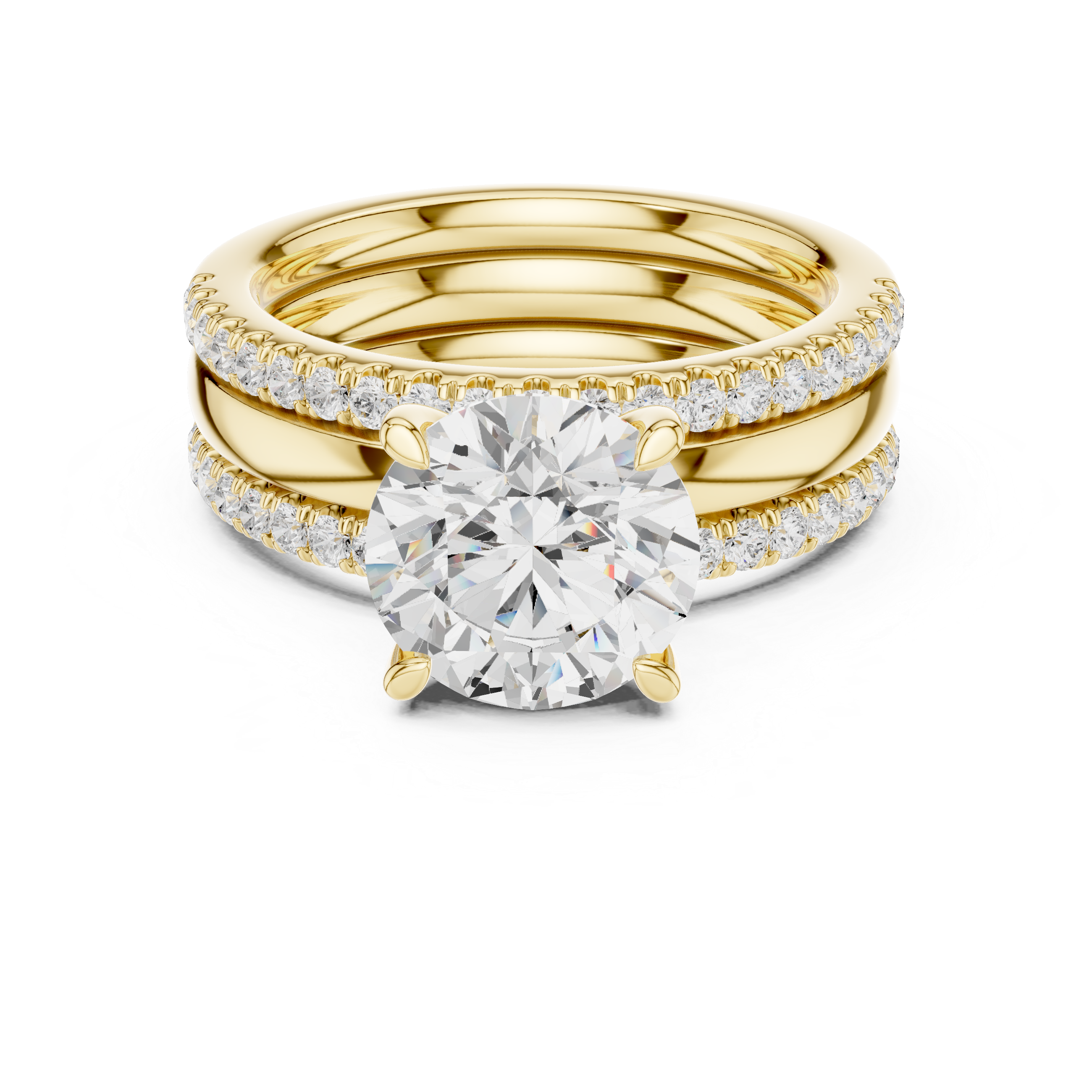 Round Brilliant Diamond Bridal Ring Set with Double Pavé Bands