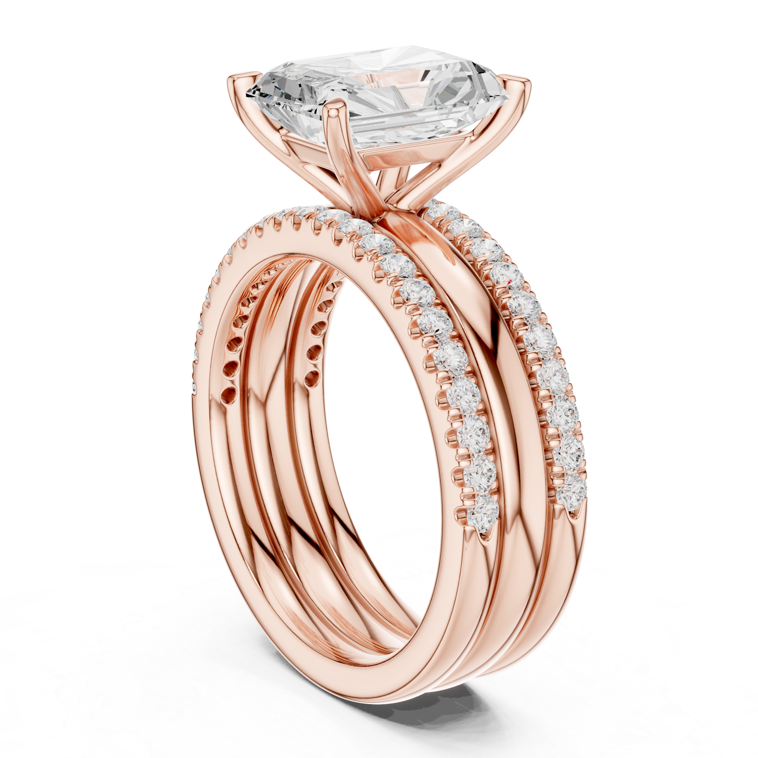 Radiant Cut Diamond Bridal Ring Set with Double Pavé Bands