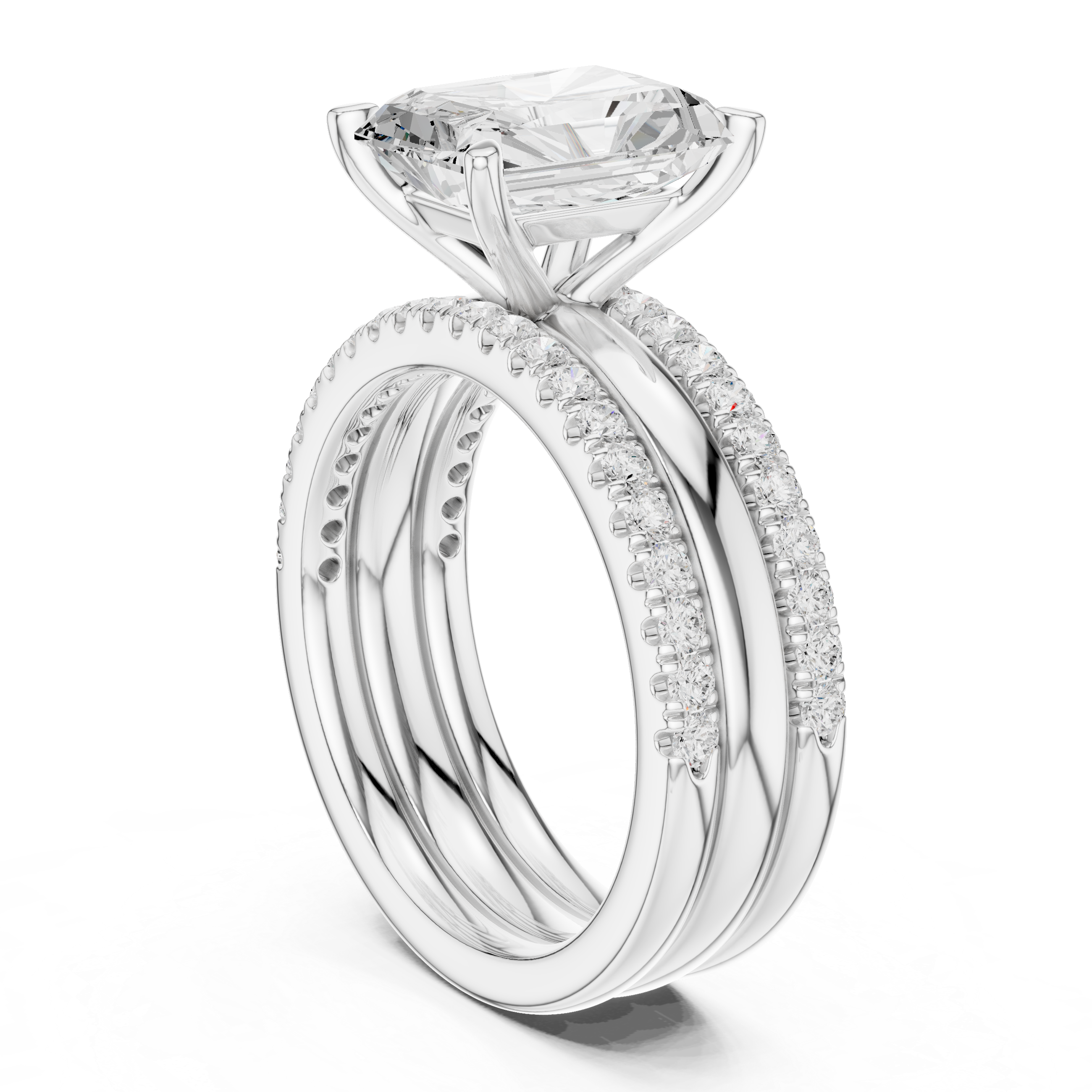Radiant Cut Diamond Bridal Ring Set with Double Pavé Bands