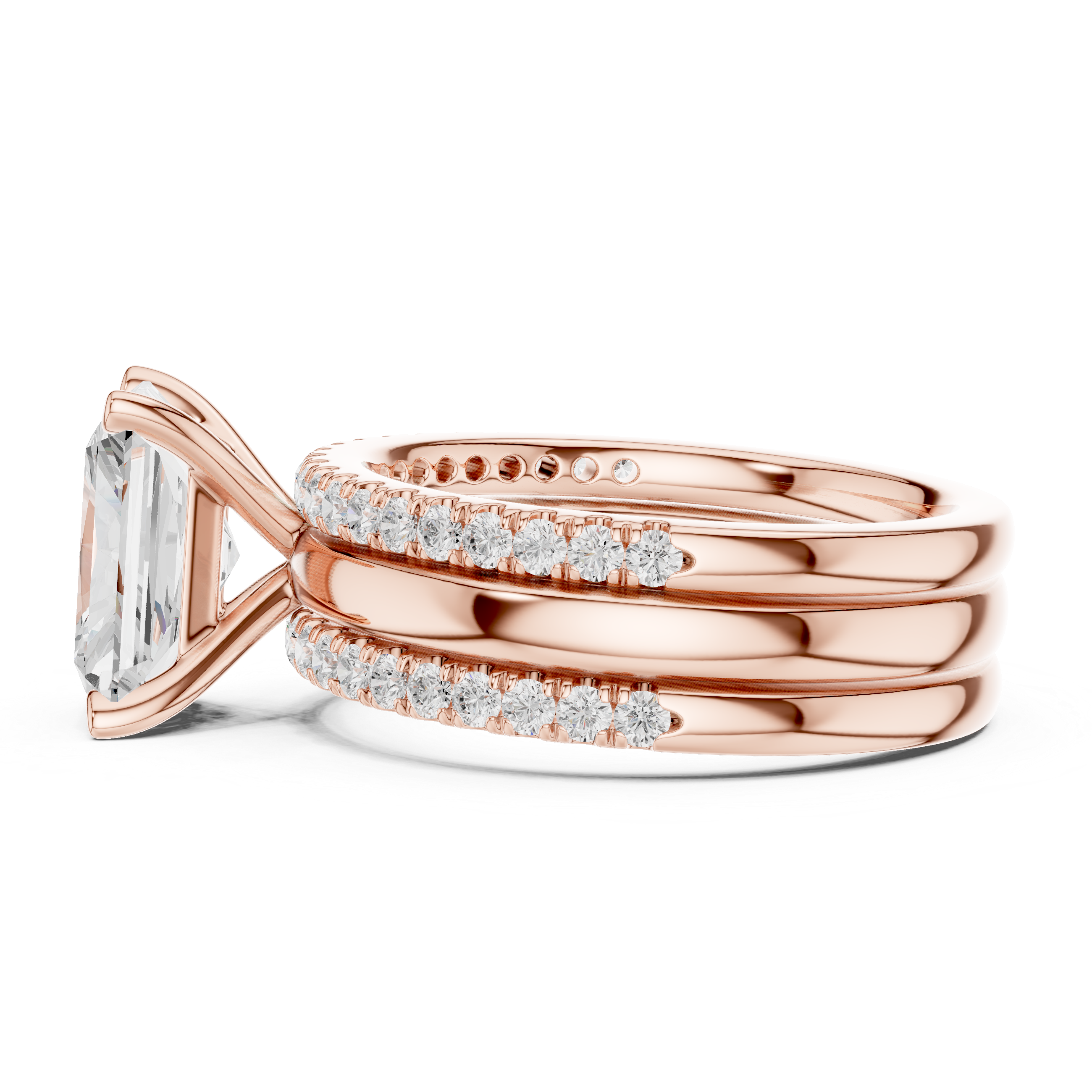 Radiant Cut Diamond Bridal Ring Set with Double Pavé Bands