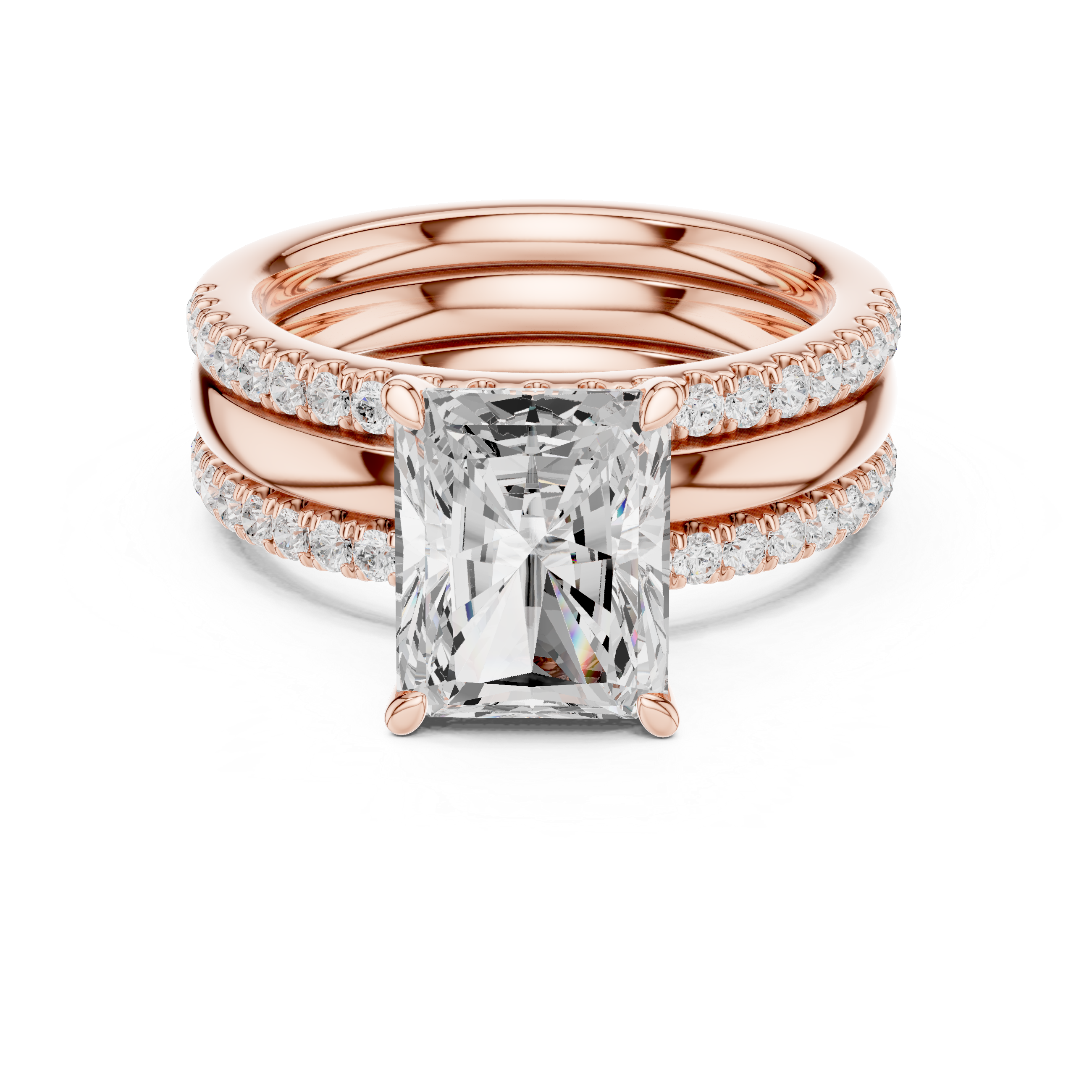 Radiant Cut Diamond Bridal Ring Set with Double Pavé Bands