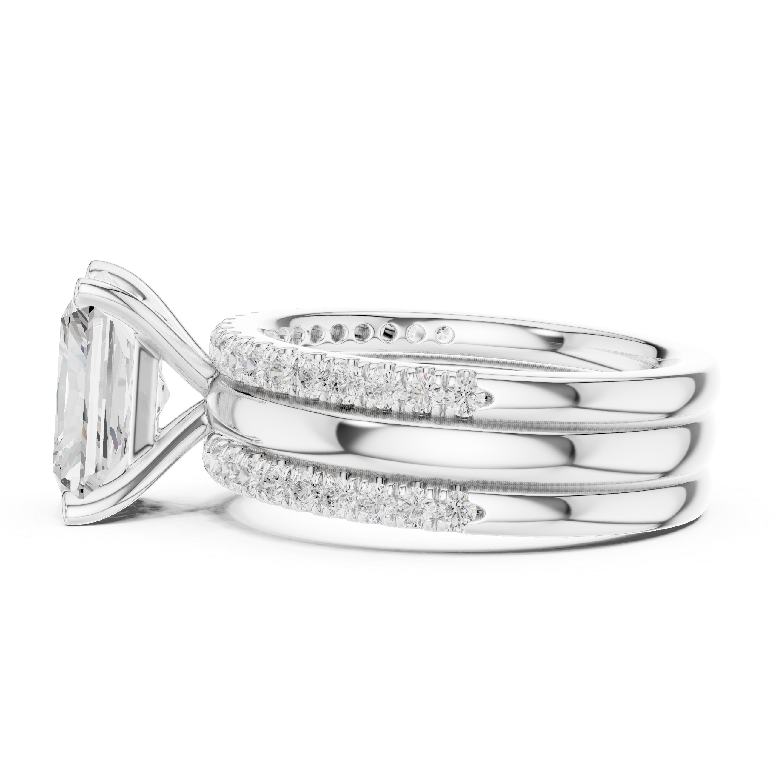 Radiant Cut Diamond Bridal Ring Set with Double Pavé Bands