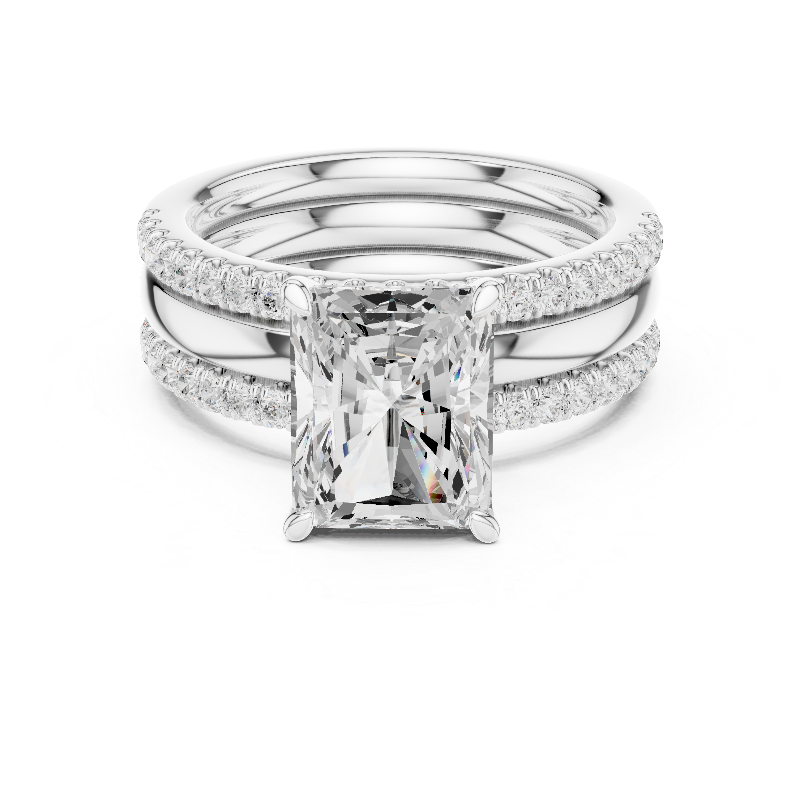 Radiant Cut Diamond Bridal Ring Set with Double Pavé Bands