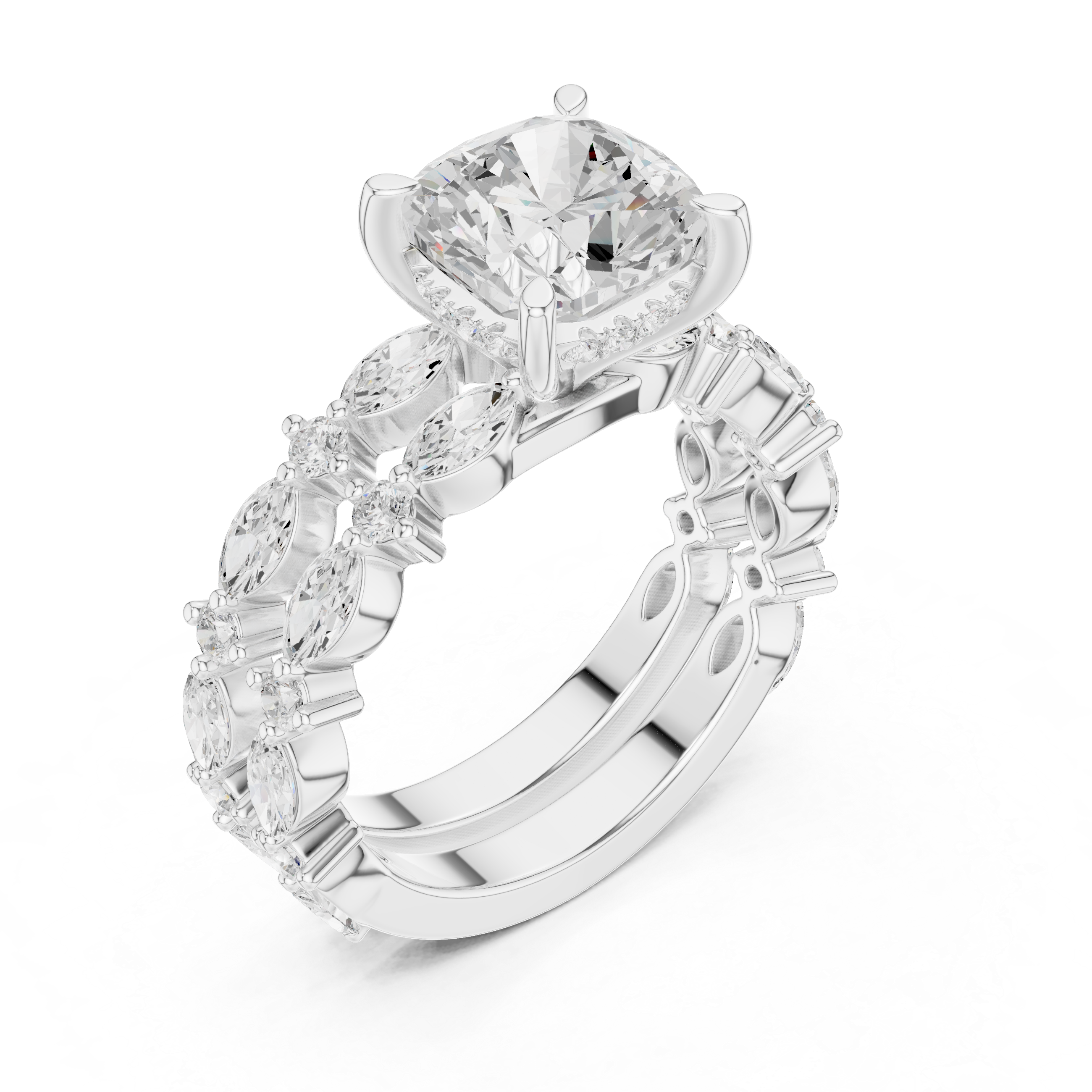 Vintage Marquise Diamond Bridal Set with Cushion Cut Engagement Ring and Double Marquise Wedding Bands