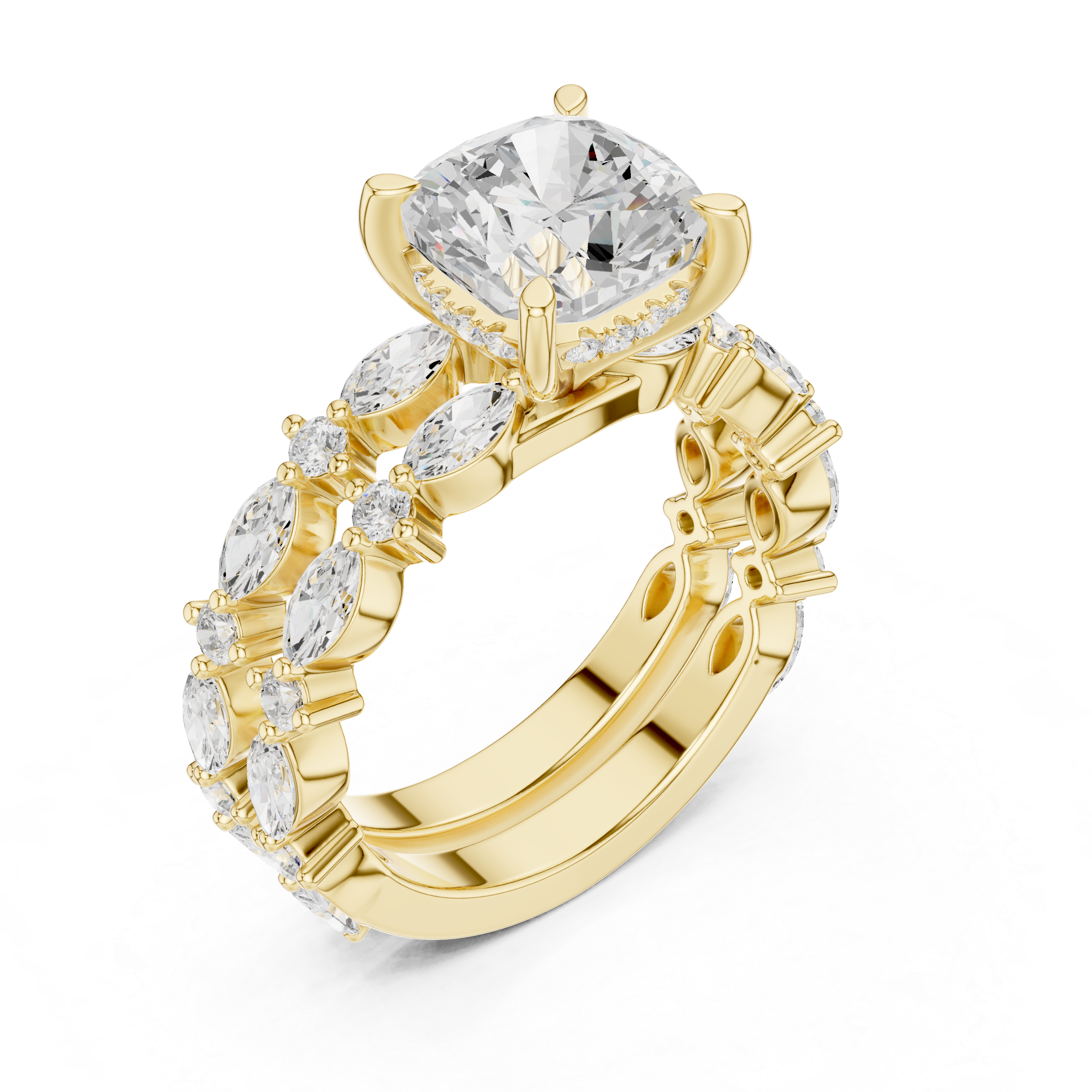 Cushion Cut Diamond Bridal Ring Set with Marquise Diamond Enhancer Bands