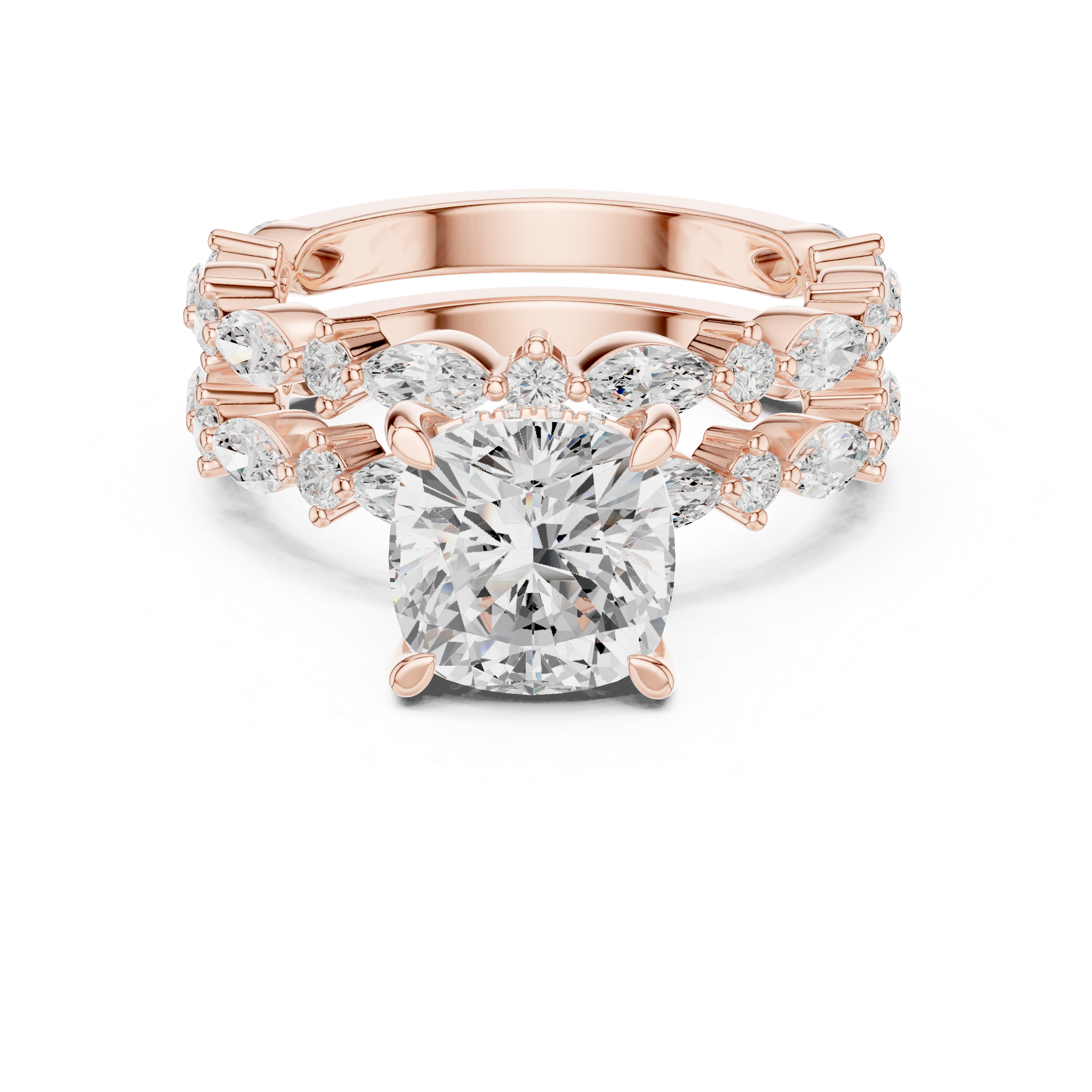 Vintage Marquise Diamond Bridal Set with Cushion Cut Engagement Ring and Double Marquise Wedding Bands