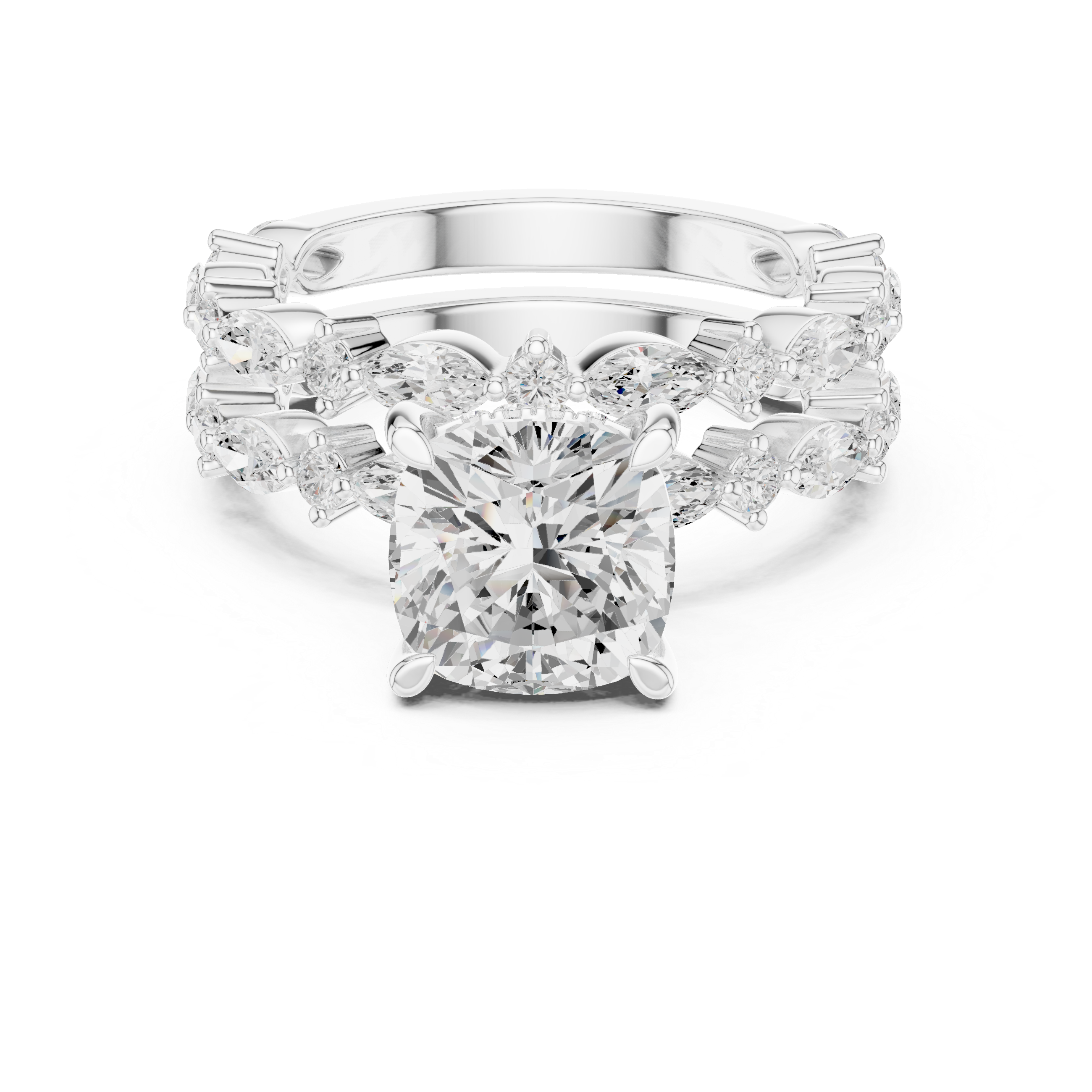 Cushion Cut Diamond Bridal Ring Set with Marquise Diamond Enhancer Bands