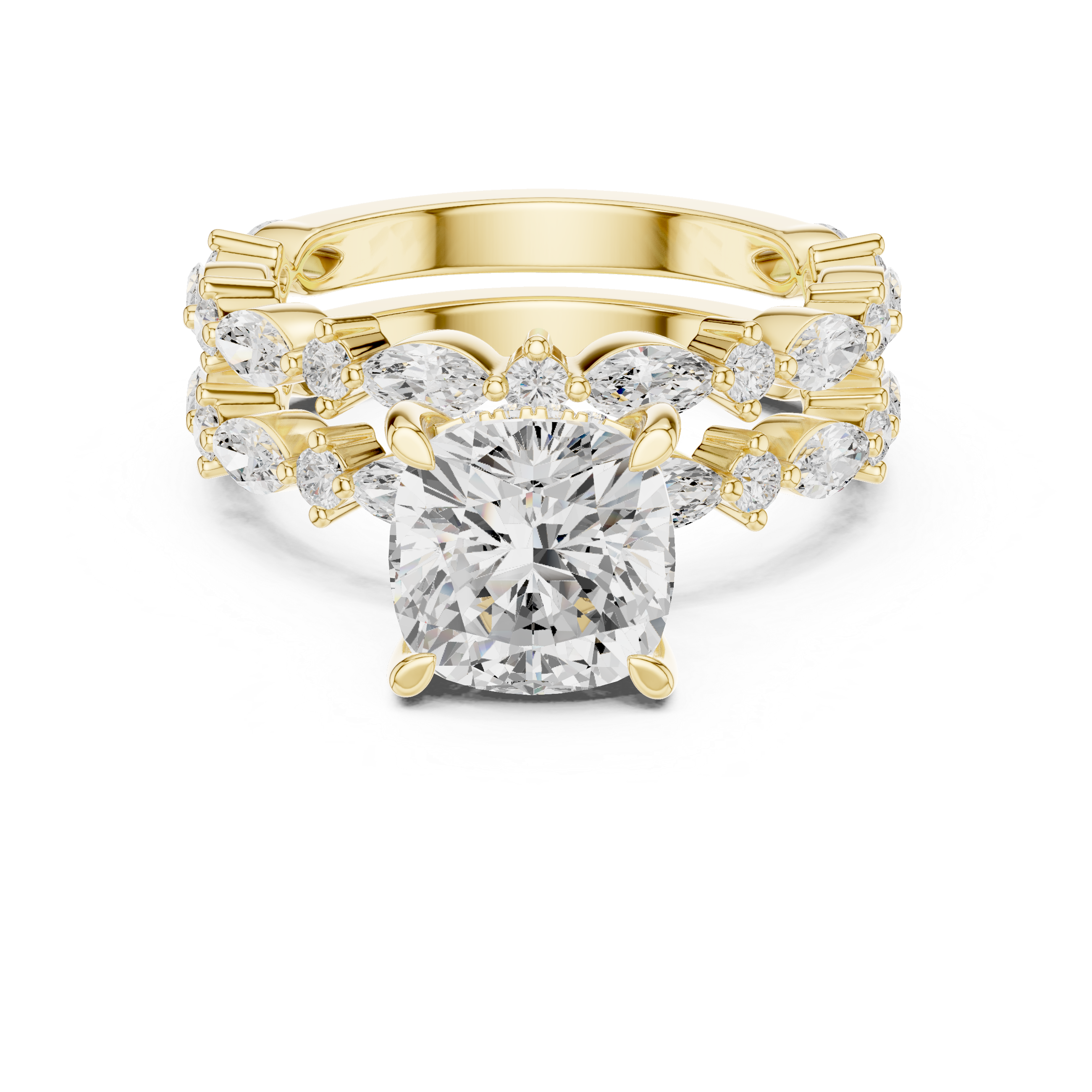 Vintage Marquise Diamond Bridal Set with Cushion Cut Engagement Ring and Double Marquise Wedding Bands
