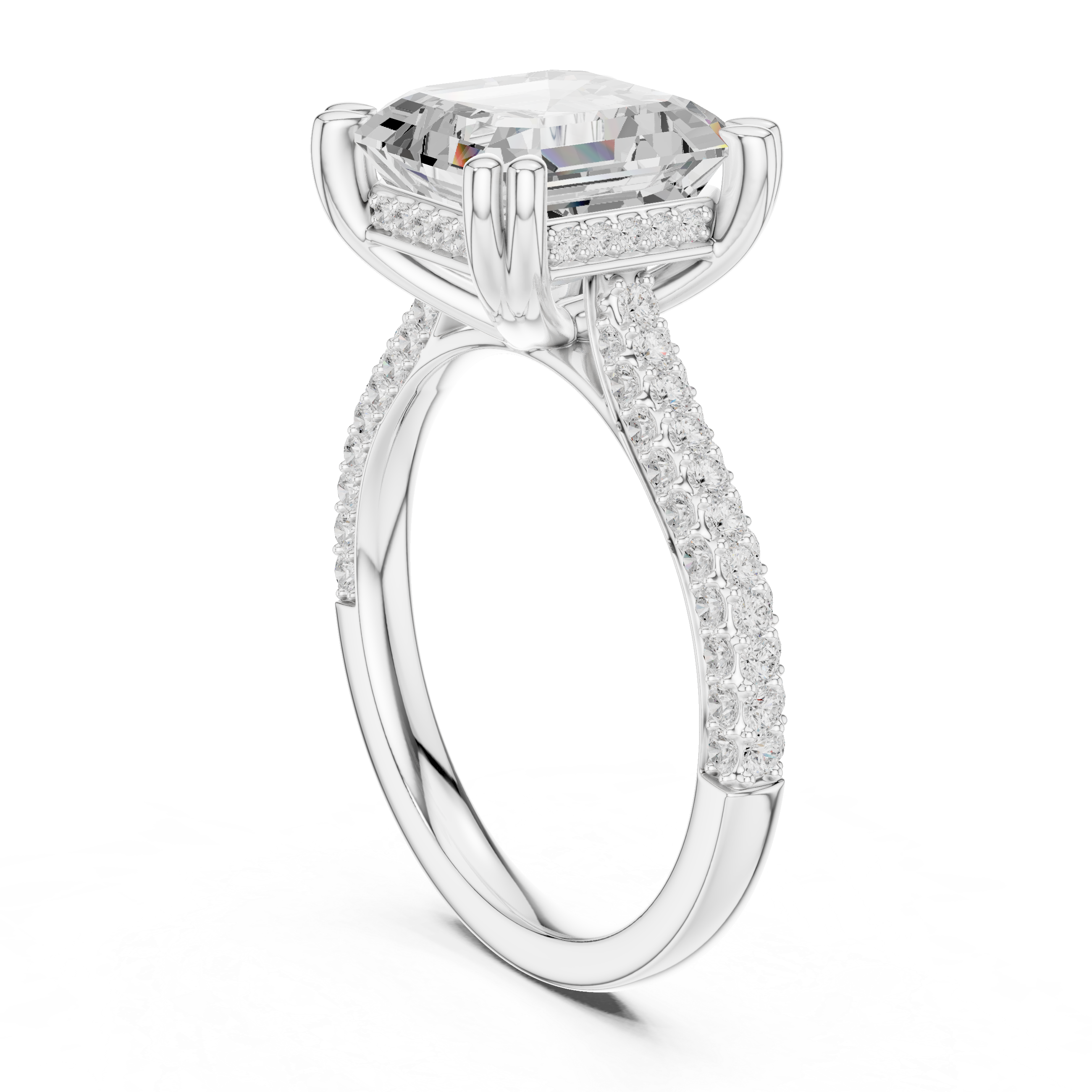 Emerald Cut Diamond Engagement Ring with Double Pavé Band