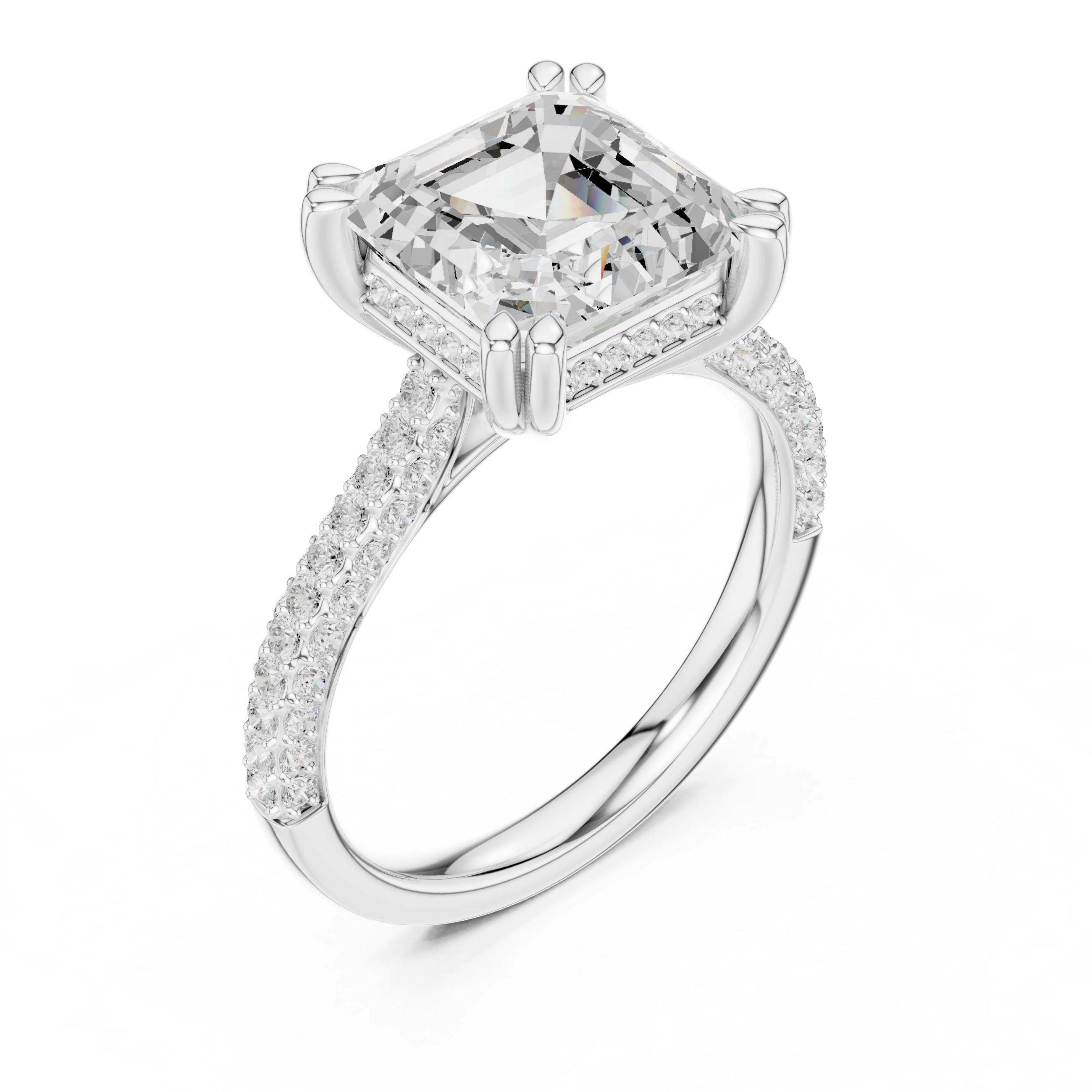 Asscher Cut Hidden Halo Engagement Ring with Split Shank Pavé Diamond Band