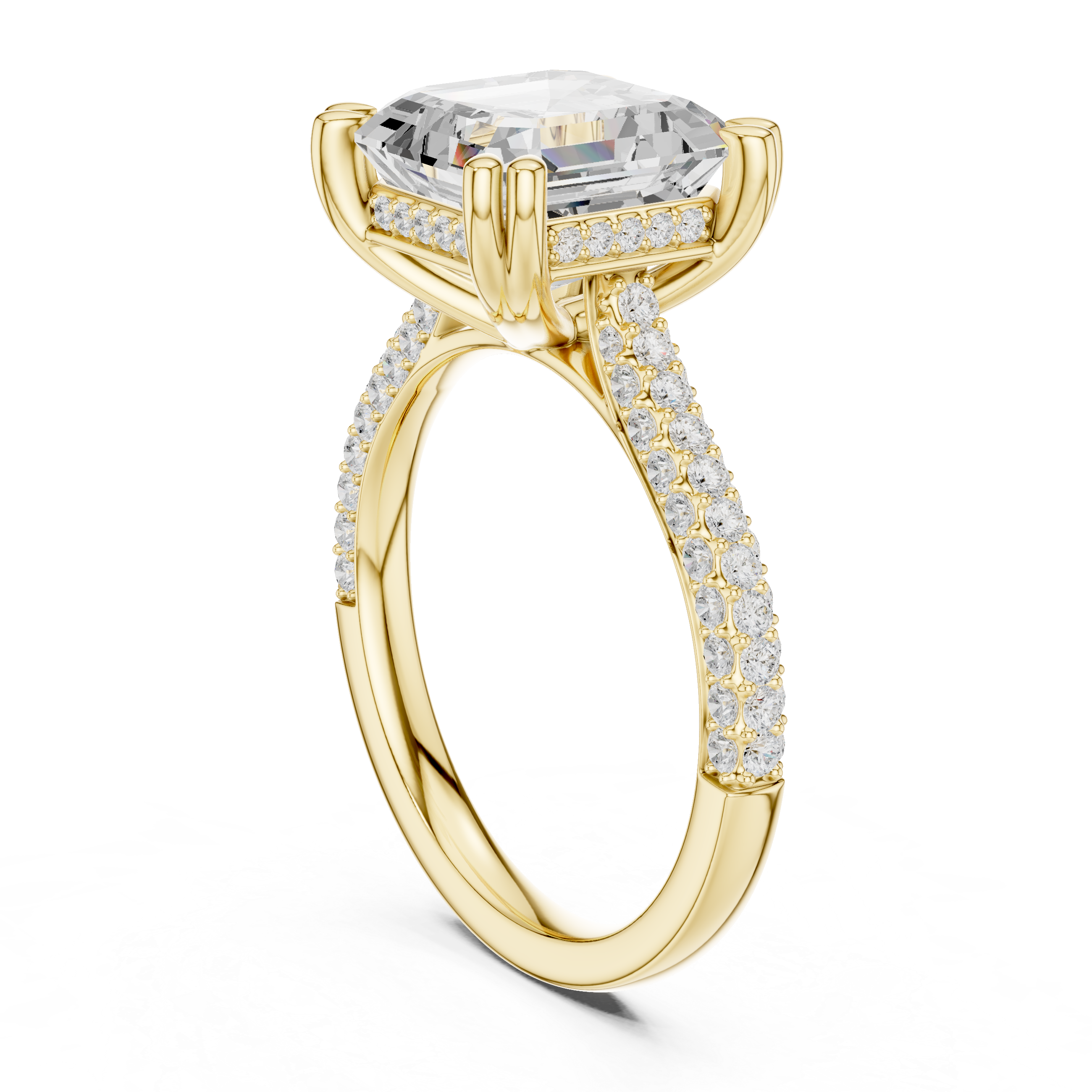 Asscher Cut Hidden Halo Engagement Ring with Split Shank Pavé Diamond Band