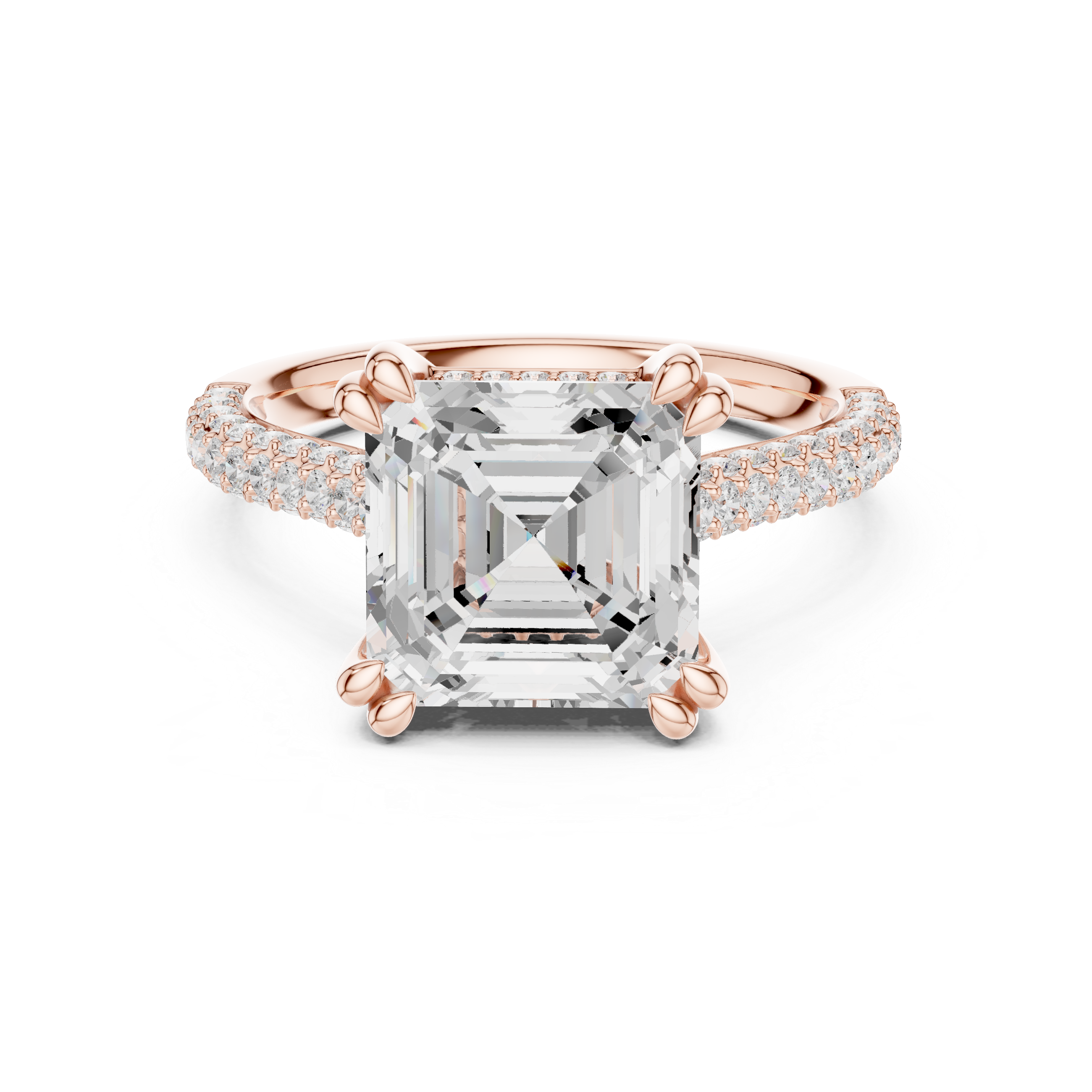 Asscher Cut Hidden Halo Engagement Ring with Split Shank Pavé Diamond Band