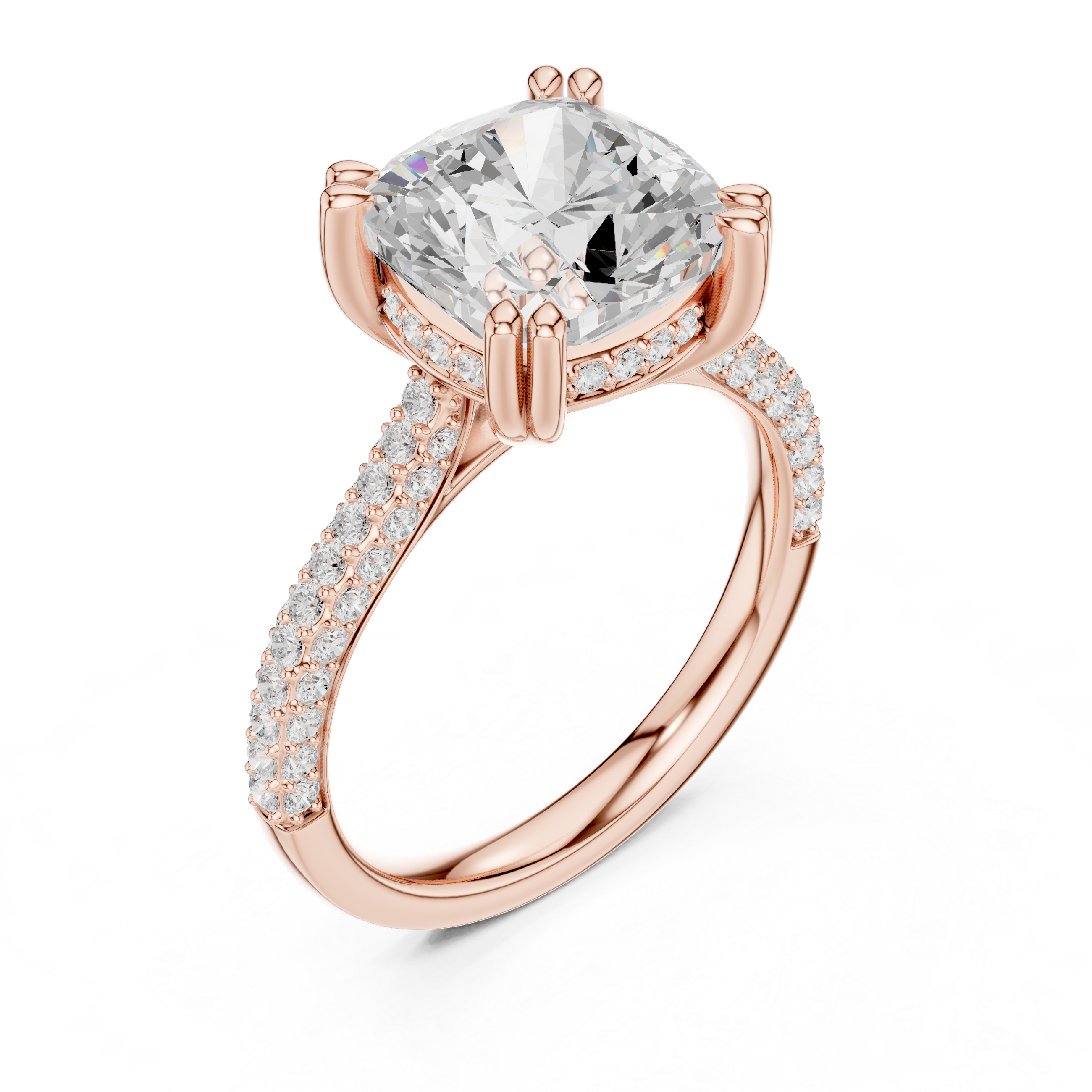 Cushion Cut Hidden Halo Engagement Ring with Split Shank Pavé Diamond Band