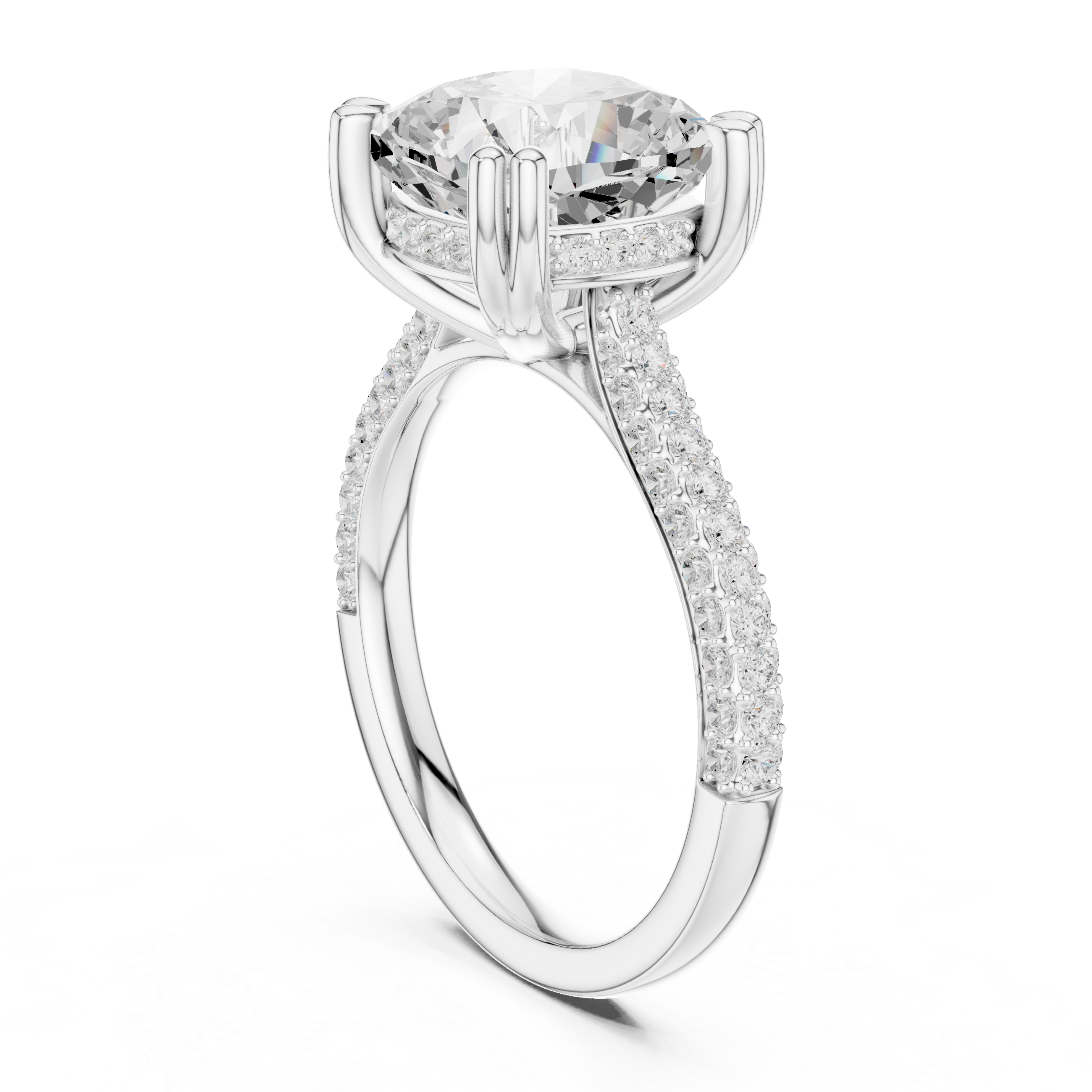 Cushion Cut Hidden Halo Engagement Ring with Split Shank Pavé Diamond Band