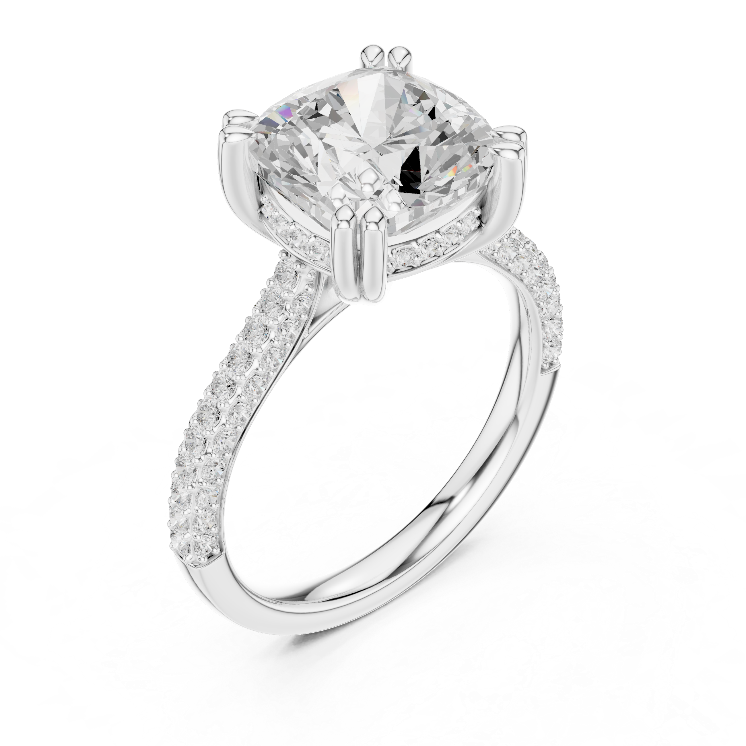 Cushion Cut Hidden Halo Engagement Ring with Split Shank Pavé Diamond Band