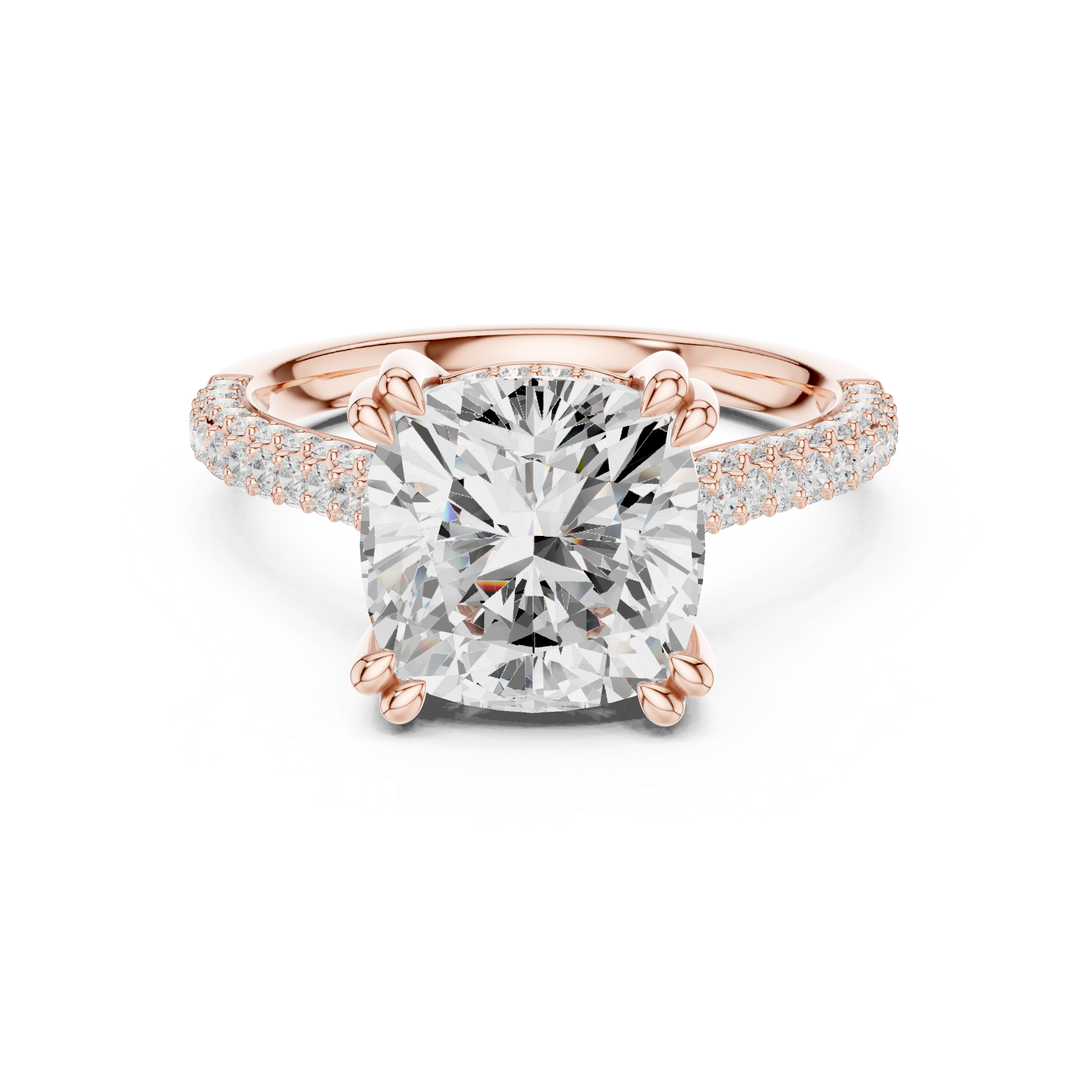 Cushion Cut Hidden Halo Engagement Ring with Split Shank Pavé Diamond Band