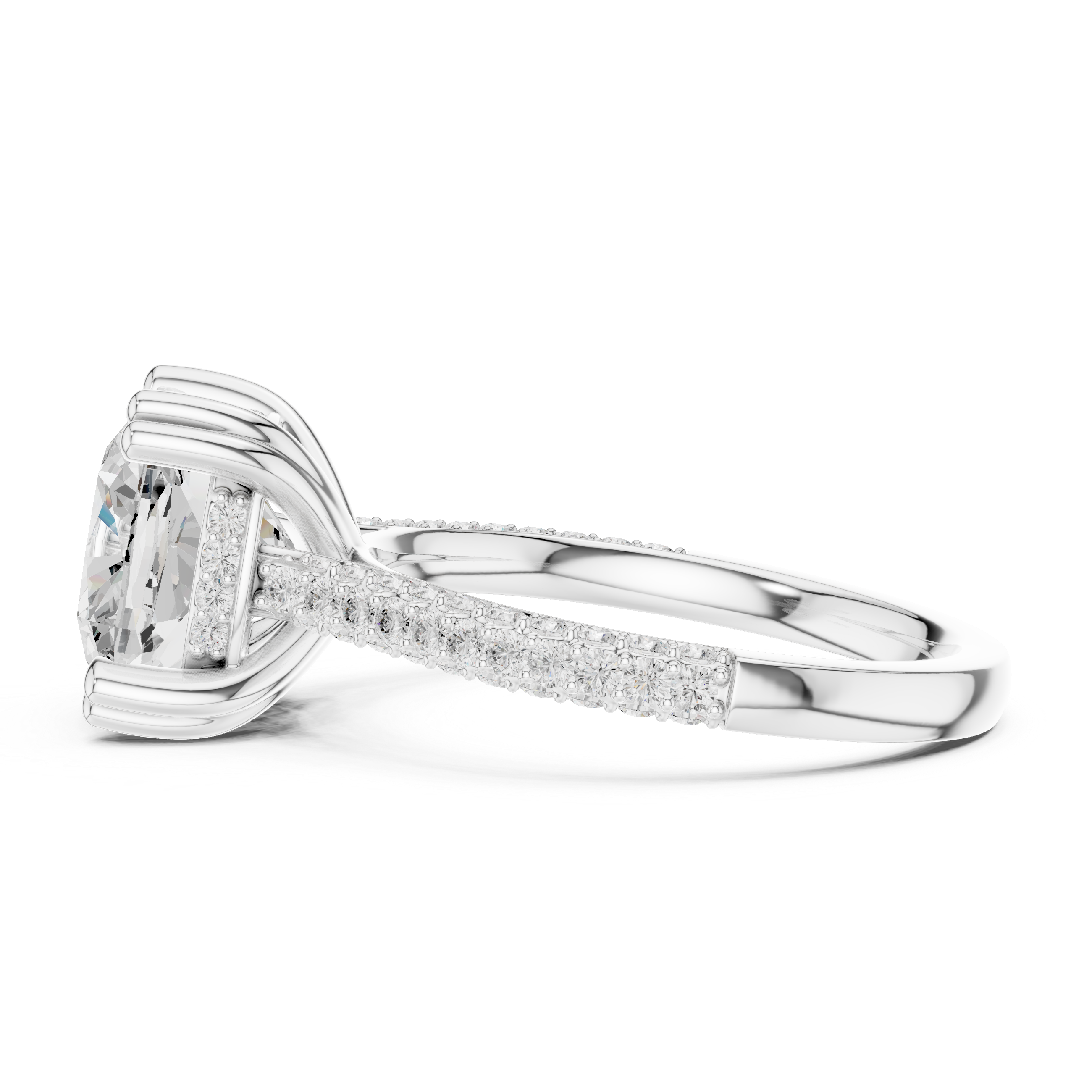 Cushion Cut Hidden Halo Engagement Ring with Split Shank Pavé Diamond Band