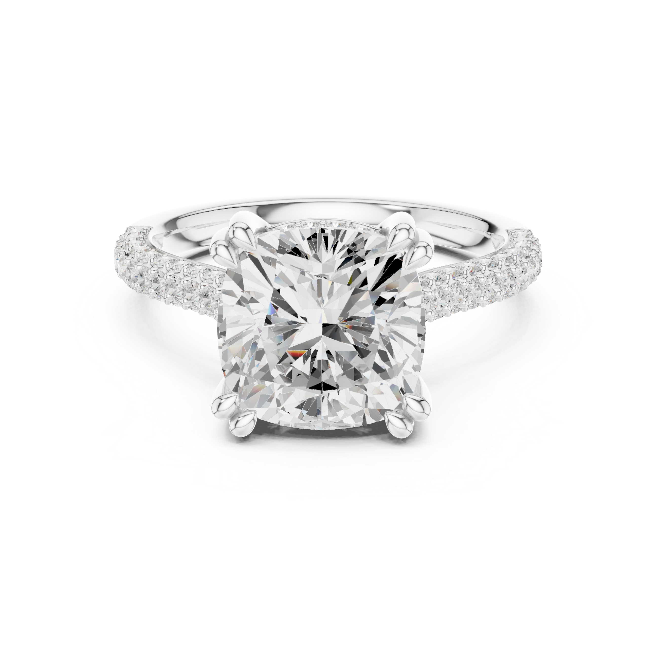 Cushion Cut Hidden Halo Engagement Ring with Split Shank Pavé Diamond Band