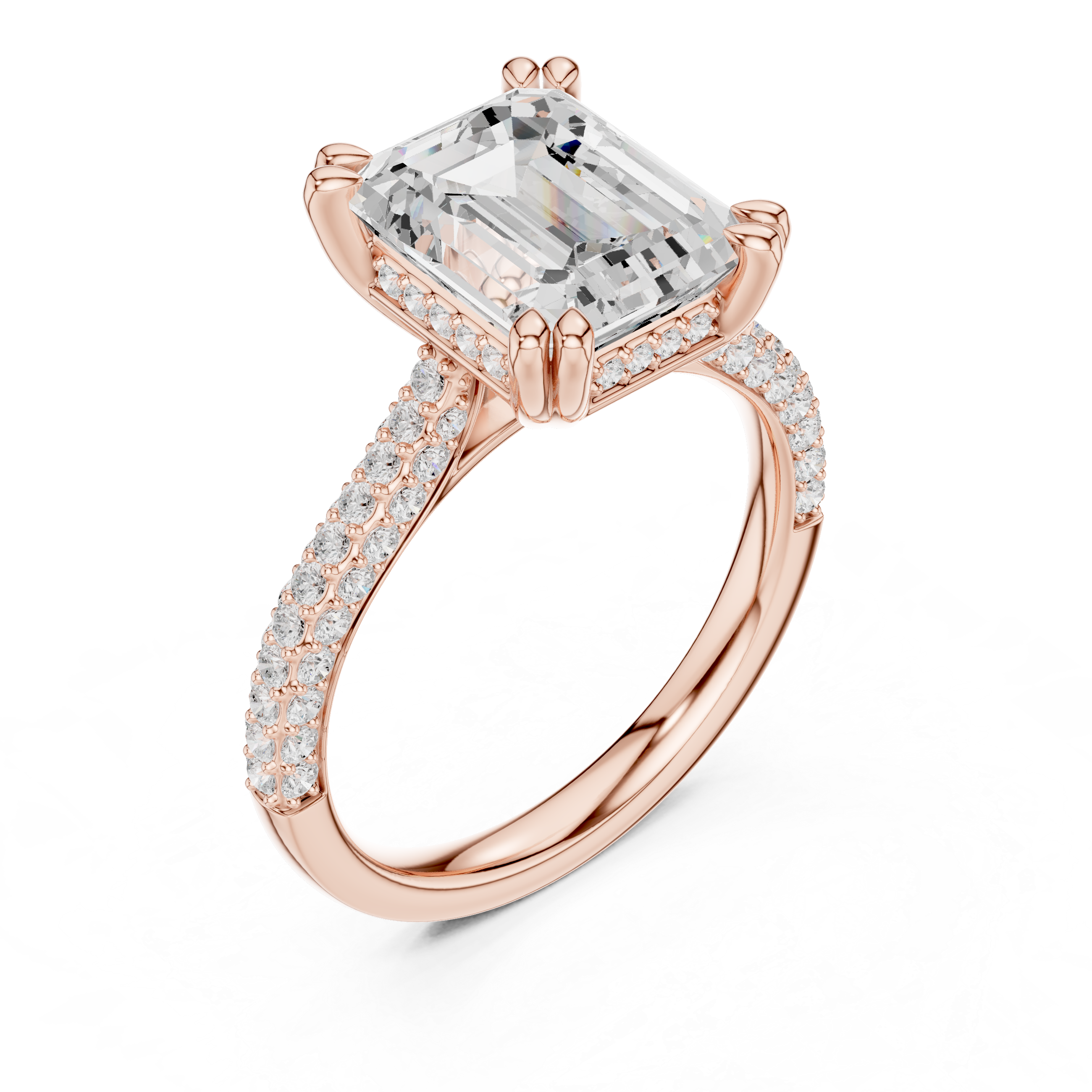 Emerald Cut Hidden Halo Engagement Ring with Split Shank Pavé Diamond Band