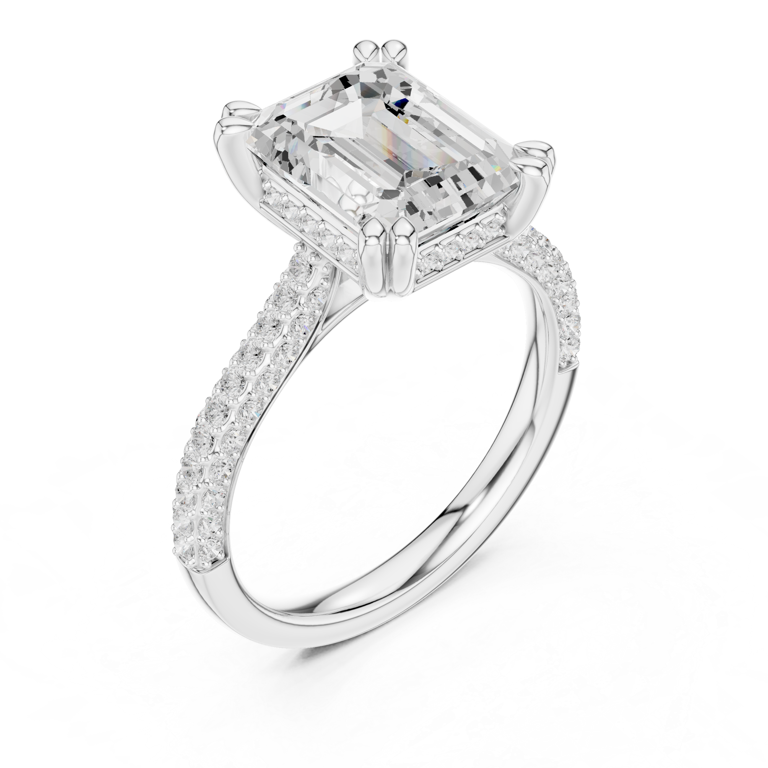 Emerald Cut Hidden Halo Engagement Ring with Split Shank Pavé Diamond Band
