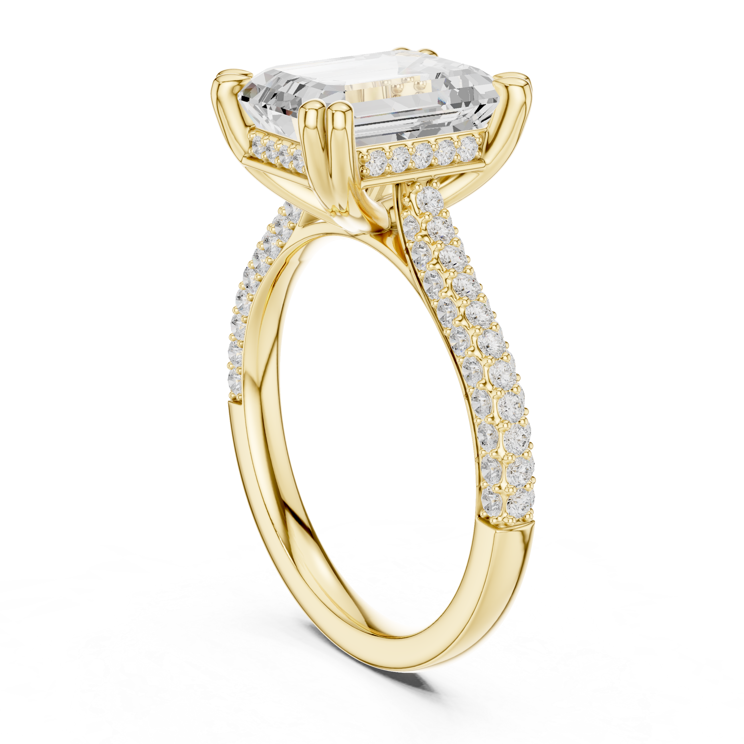 Emerald Cut Hidden Halo Engagement Ring with Split Shank Pavé Diamond Band