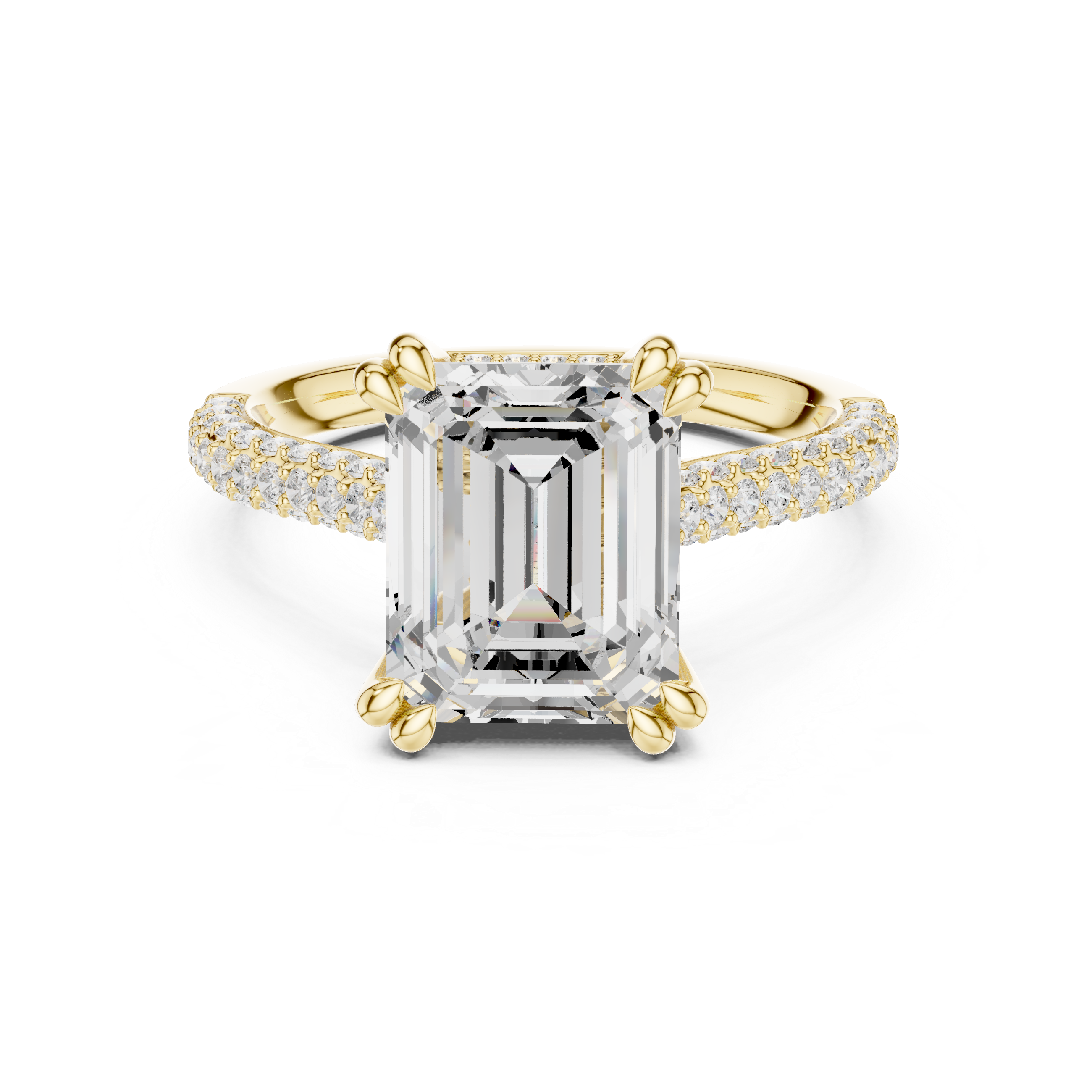 Emerald Cut Hidden Halo Engagement Ring with Split Shank Pavé Diamond Band
