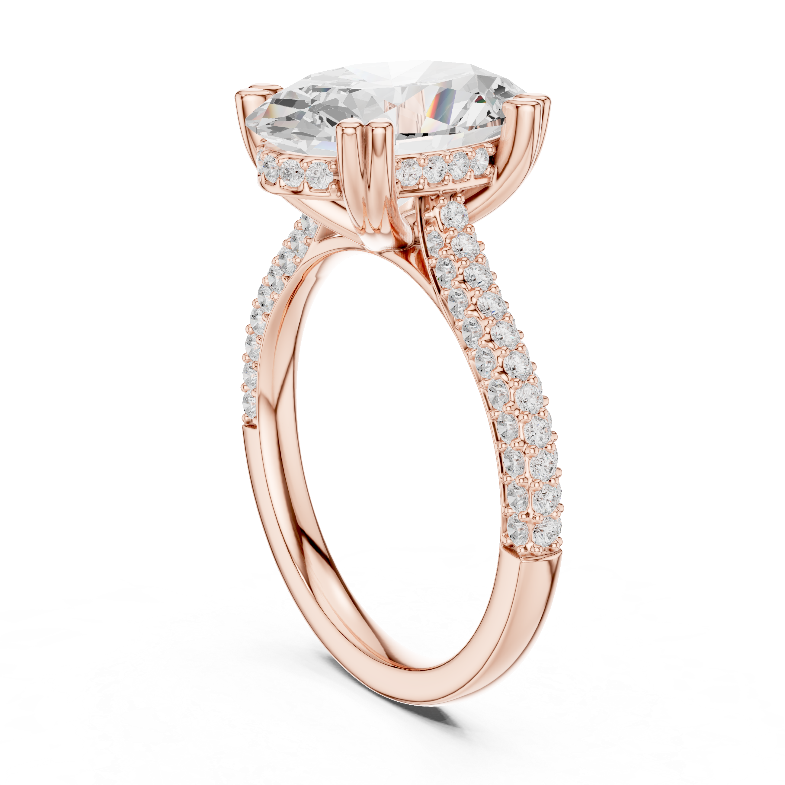Oval Cut Hidden Halo Engagement Ring with Split Shank Pavé Diamond Band