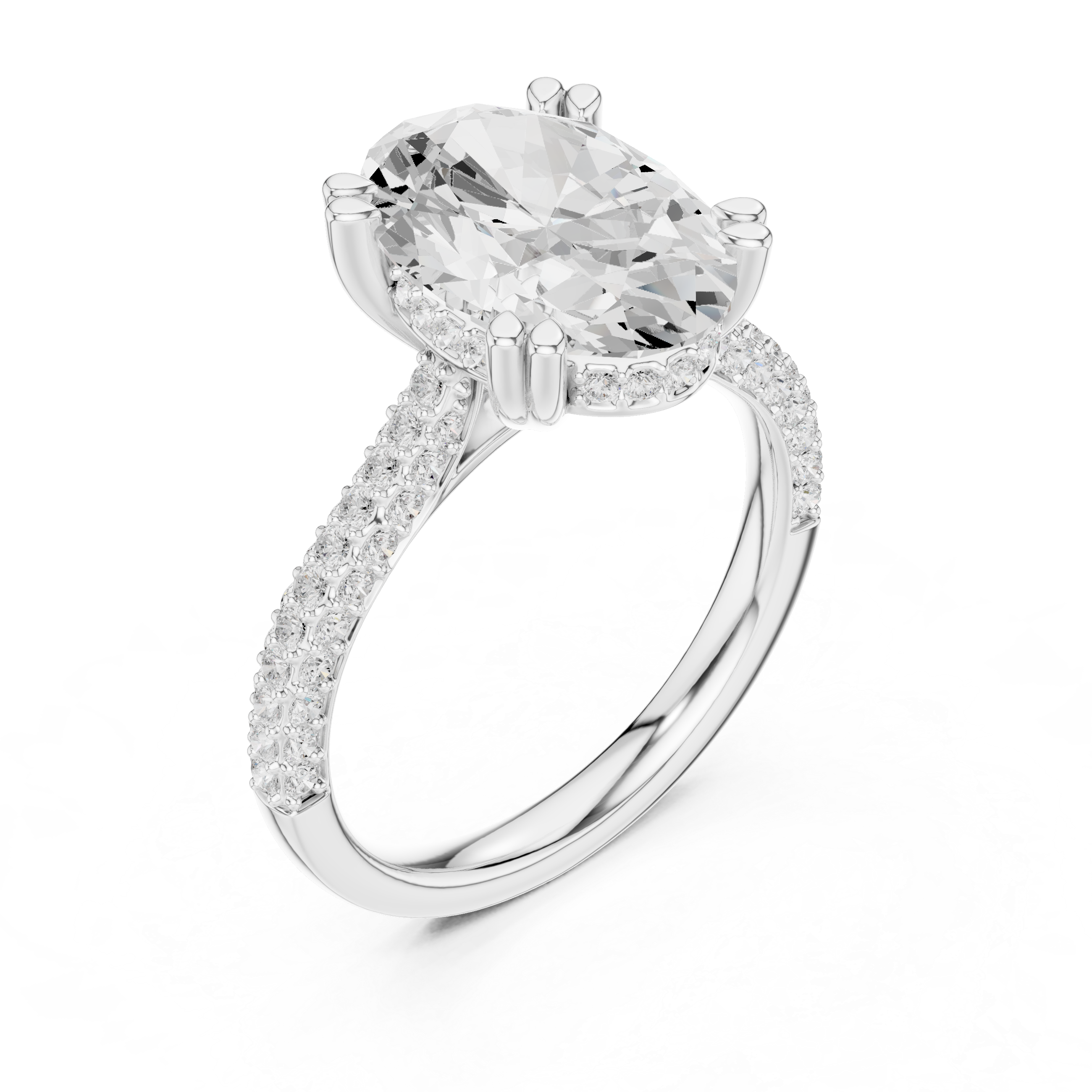 Oval Cut Hidden Halo Engagement Ring with Split Shank Pavé Diamond Band