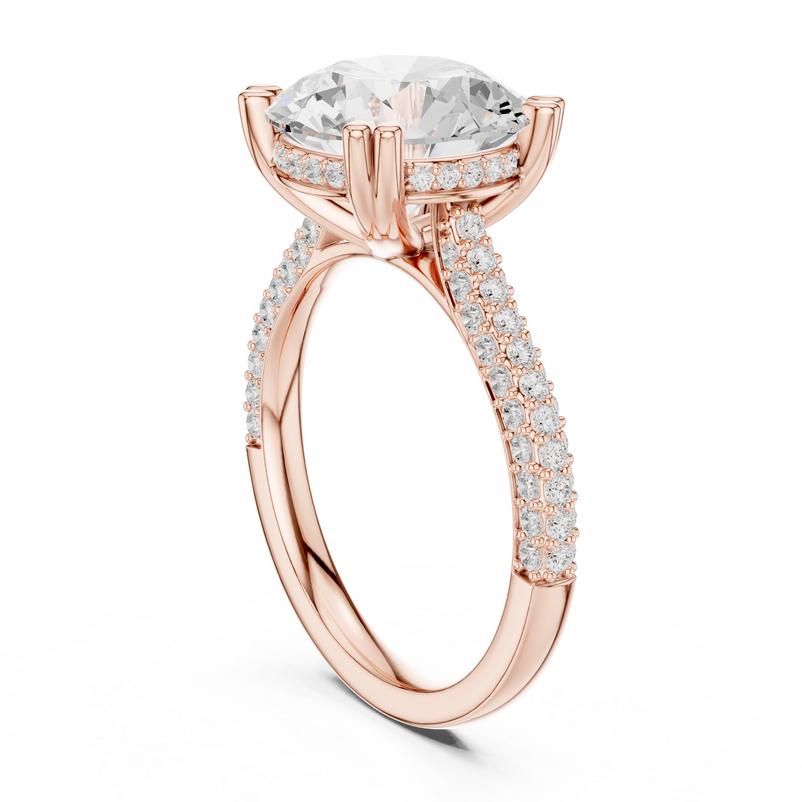 Round Brilliant Cut Solitaire Engagement Ring with Double Pavé Cathedral Band